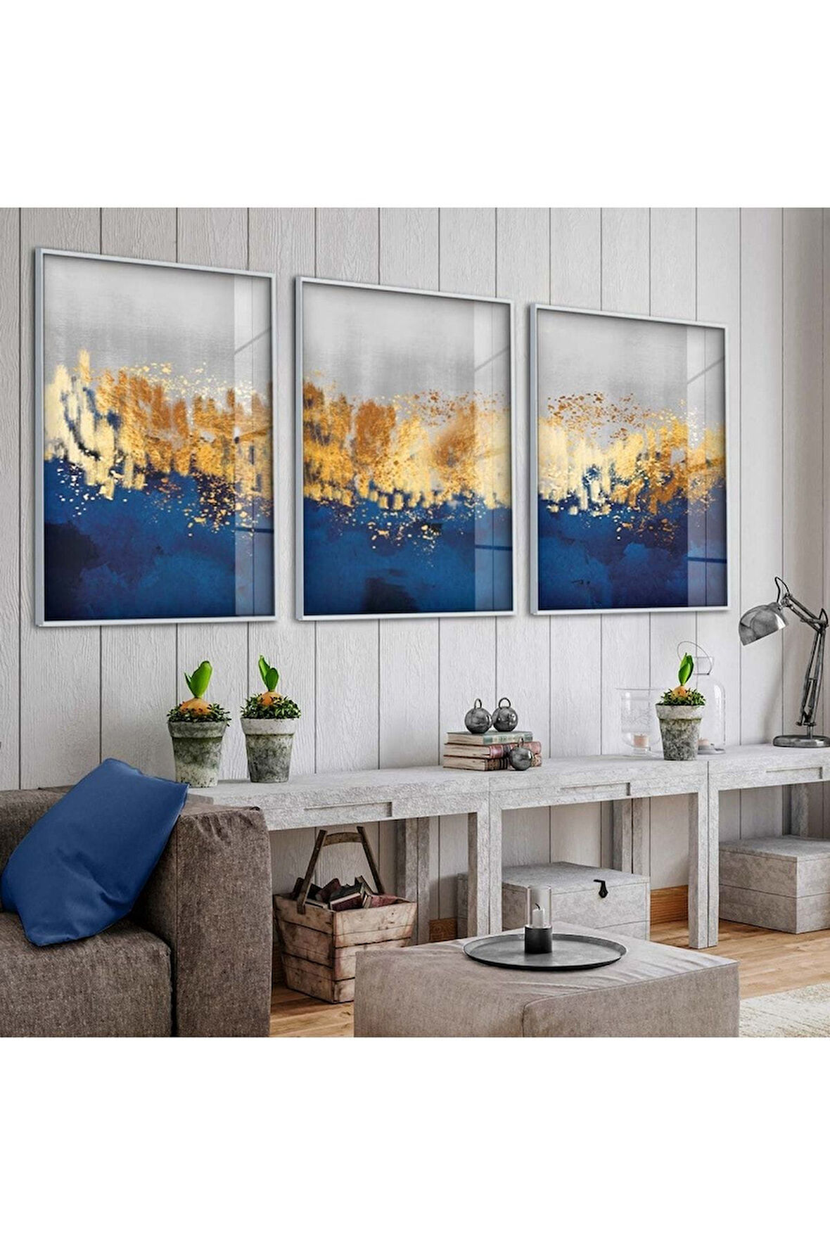 Gümüş Metal Çerçeveli Soyut Desen Üçlü Kırılmaz Cam Tablo Seti