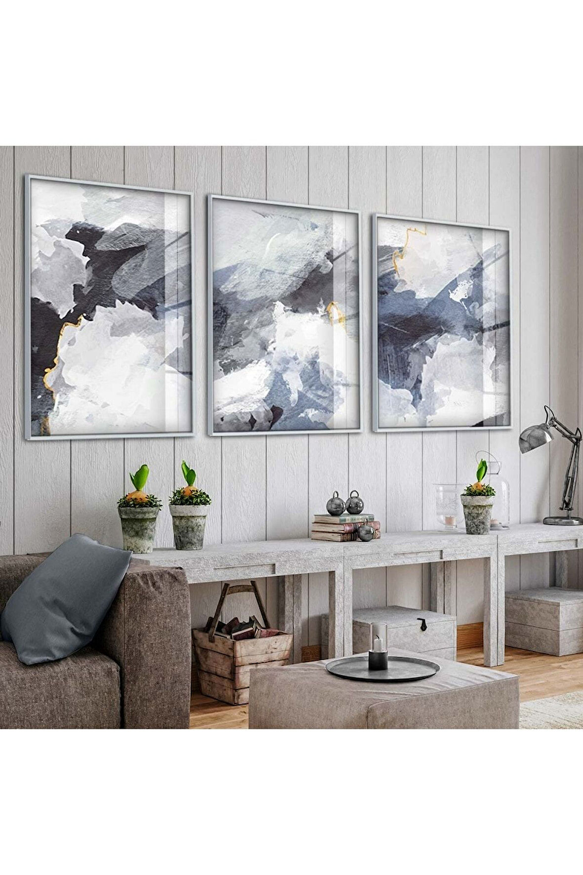 Gümüş Metal Çerçeveli Soyut Desen Üçlü Kırılmaz Cam Tablo Seti