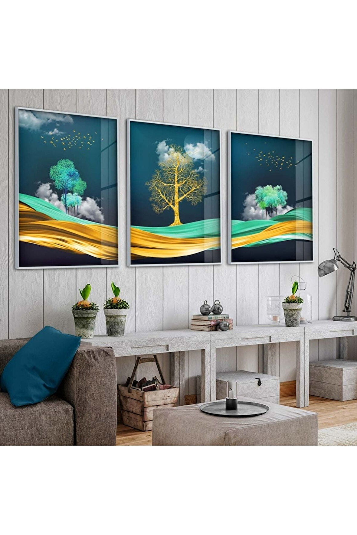 Gümüş Metal Çerçeveli Soyut Desen Üçlü Kırılmaz Cam Tablo Seti