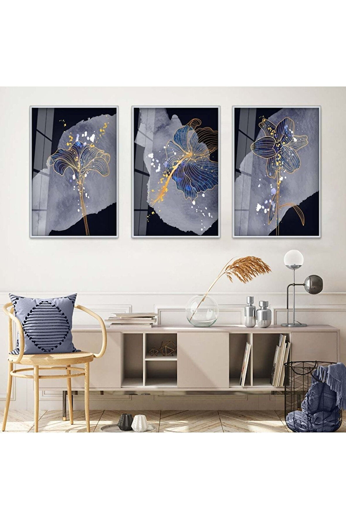 Siyah Metal Çerçeveli Mor Bitki Soyut Desen Üçlü Kırılmaz Cam Tablo Seti