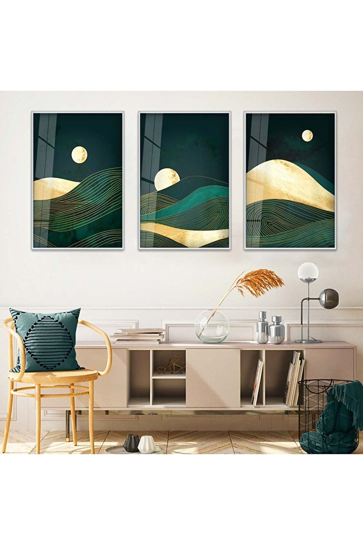 Gold Metal Çerçeveli Dağ Manzara Soyut Desen Üçlü Kırılmaz Cam Tablo Seti