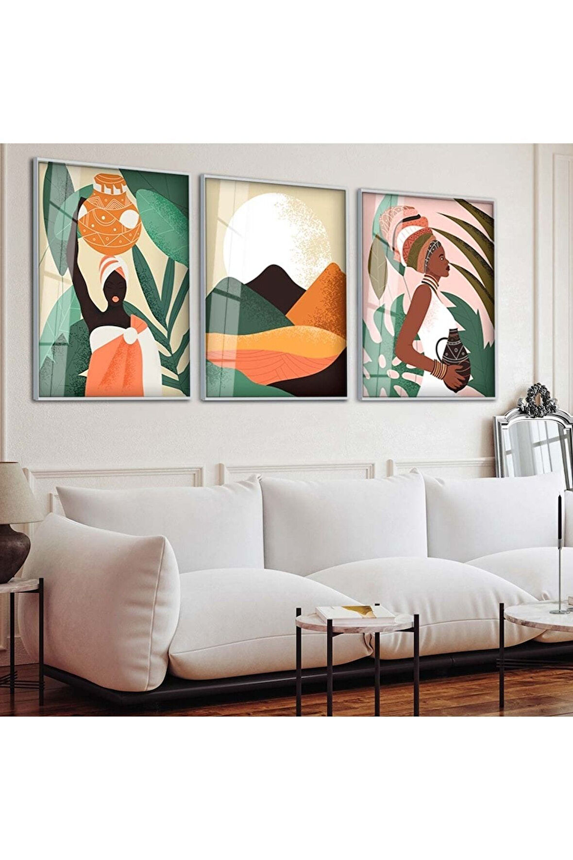 Gümüş Metal Çerçeveli Soyut Desen Üçlü Kırılmaz Cam Tablo Seti