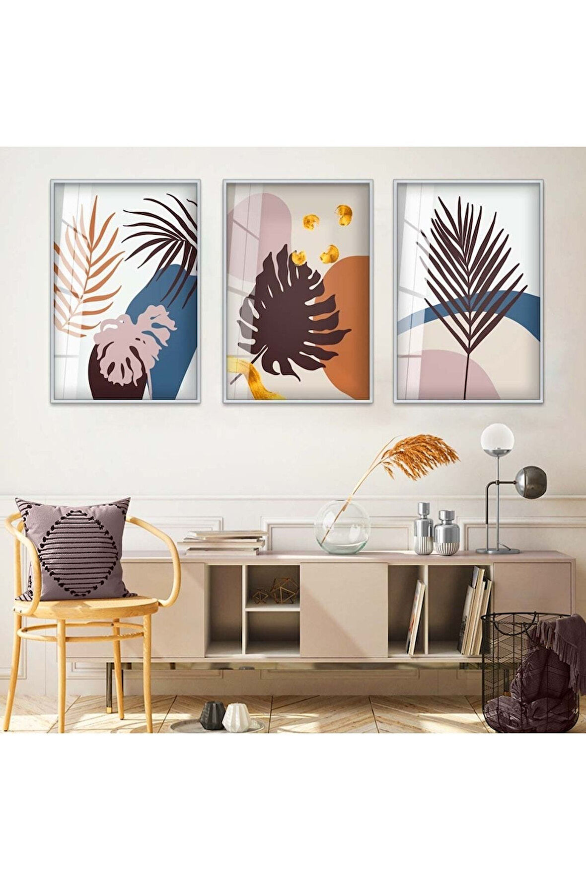 Siyah Metal Çerçeveli Soyut Desen Üçlü Kırılmaz Cam Tablo Seti