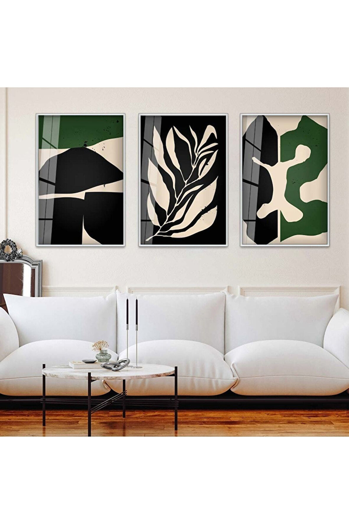 Siyah Metal Çerçeveli Soyut Desen Üçlü Kırılmaz Cam Tablo Seti