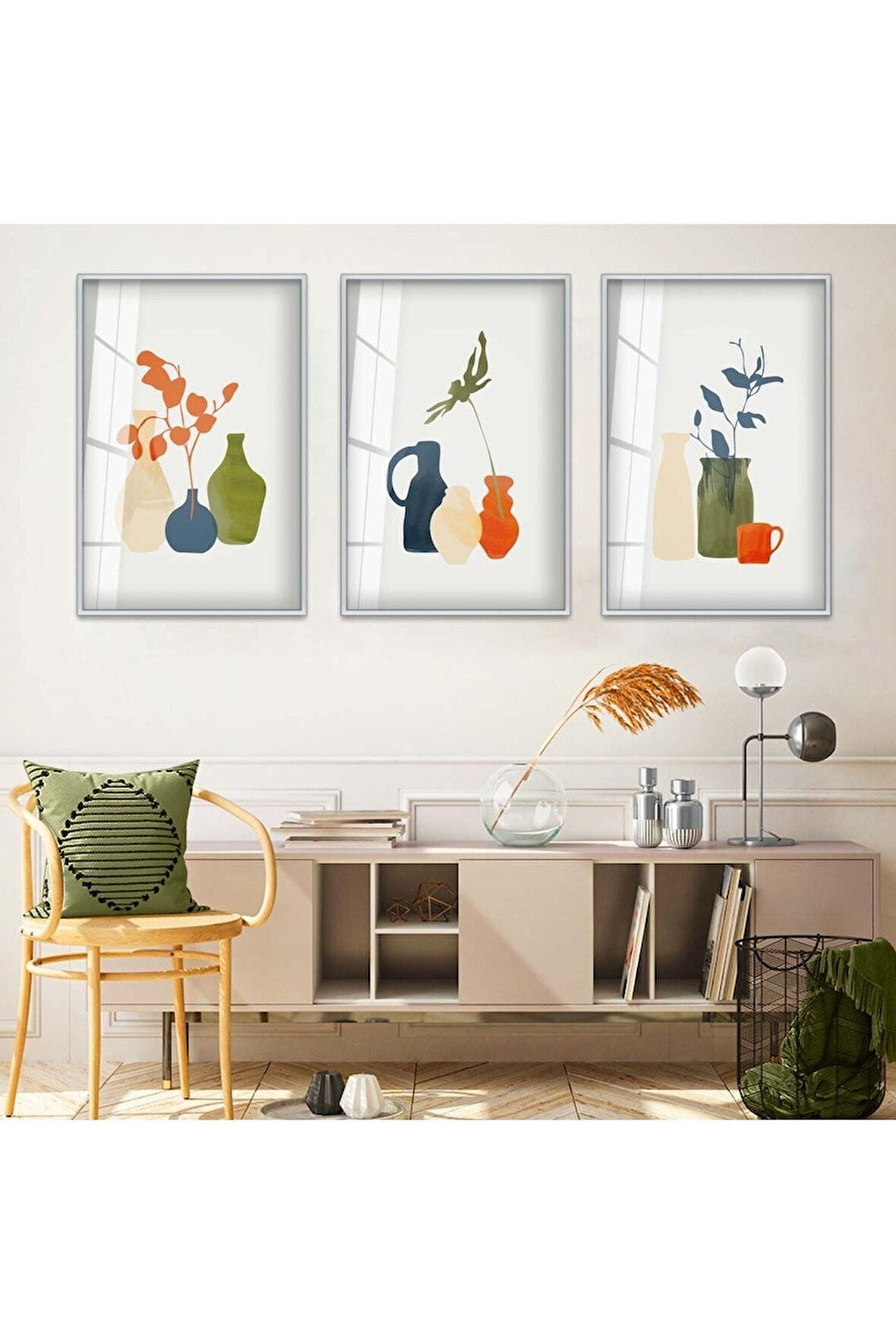 Gold Metal Çerçeveli Minimalist Soyut Desen Üçlü Kırılmaz Cam Tablo Seti