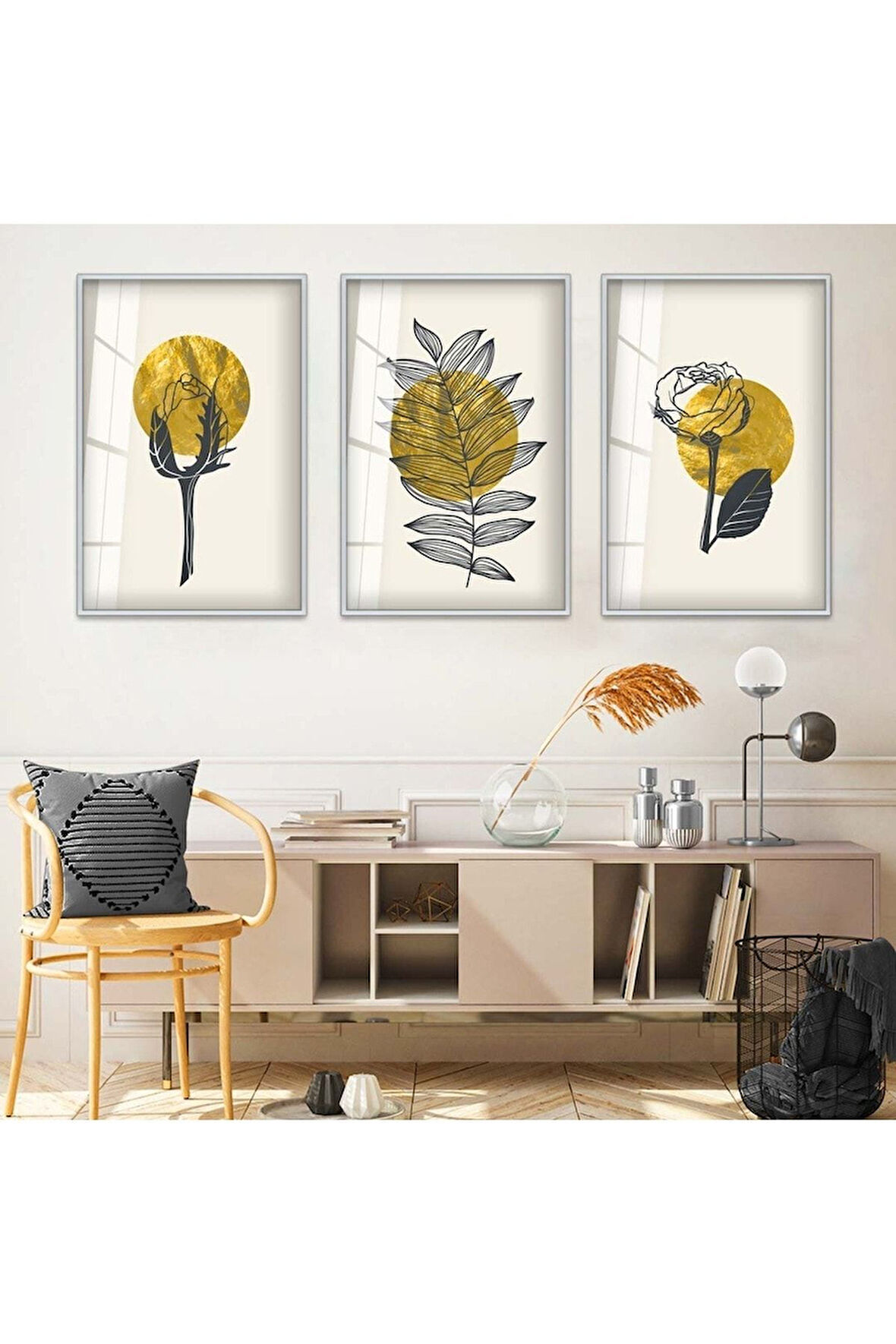 Siyah Metal Çerçeveli Soyut Desen Üçlü Kırılmaz Cam Tablo Seti