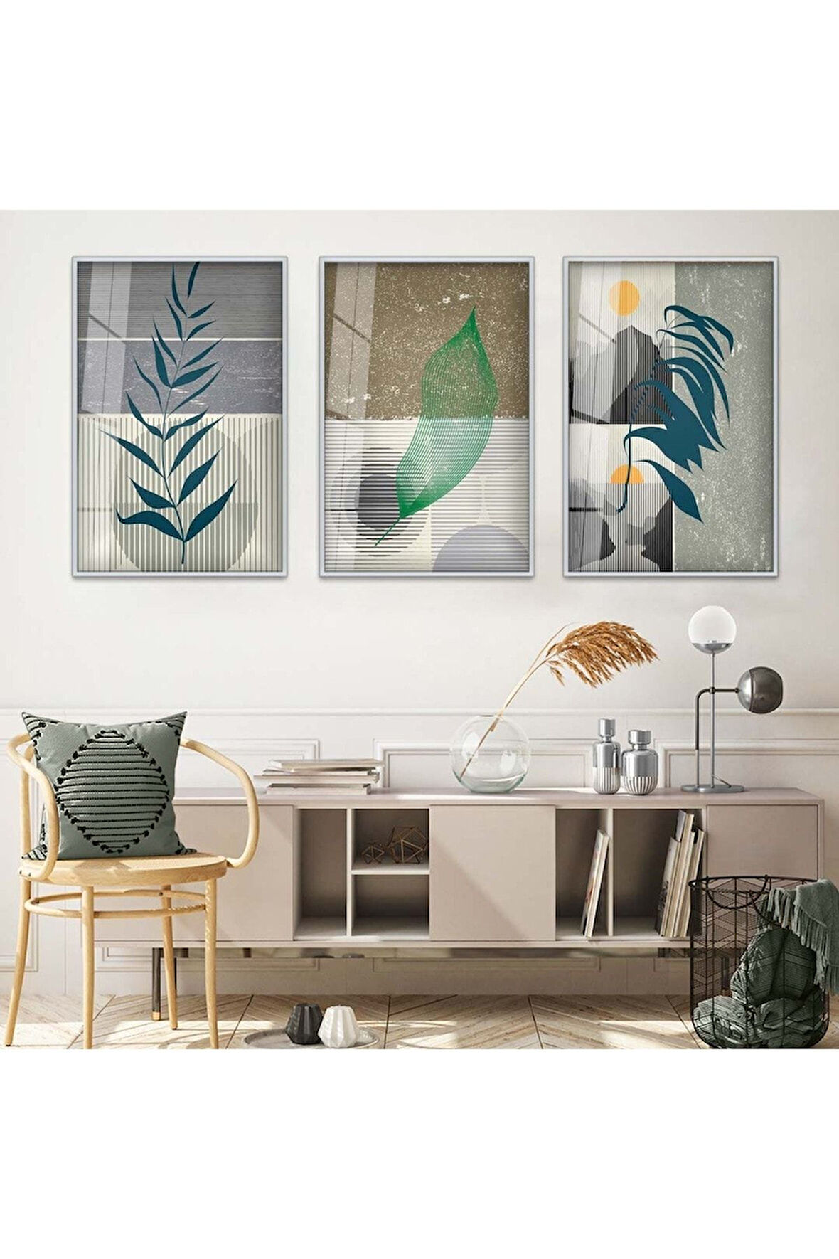 MİNİMALİST SOYUT DESEN 3'LÜ METAL ÇERÇEVELİ CAM TABLO SETİ