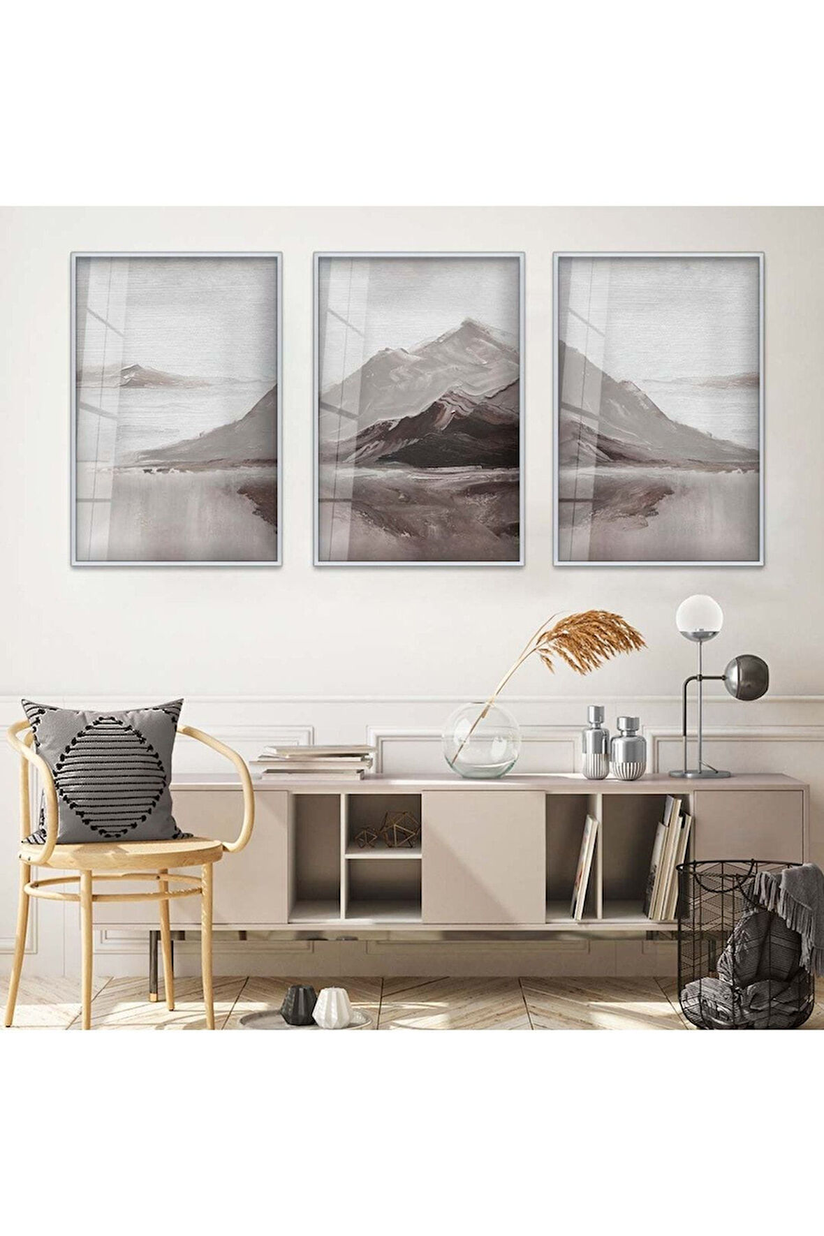 Siyah Metal Çerçeveli Kolaj Çizim Dağ Üçlü Kırılmaz Cam Tablo Seti