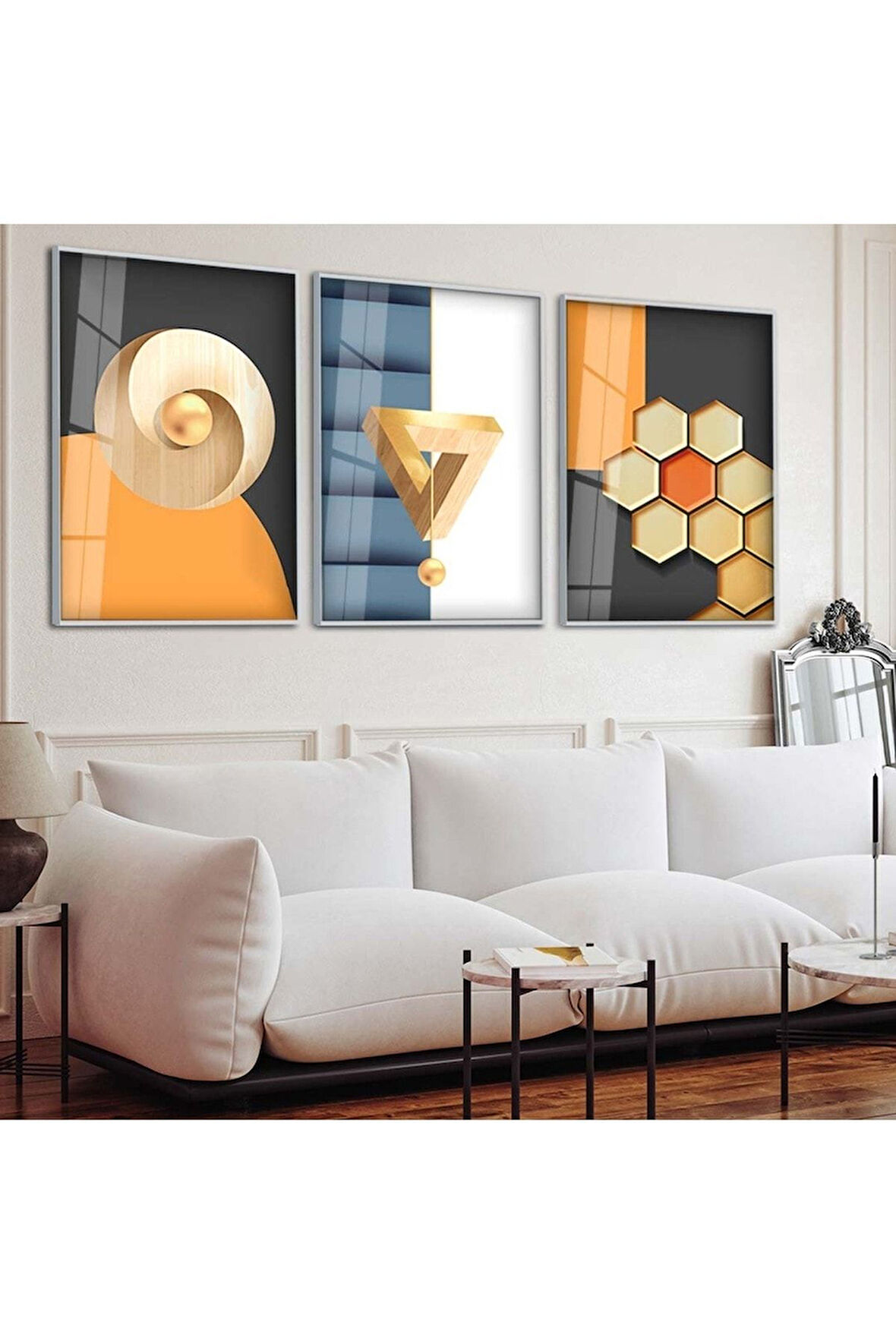 Gümüş Metal Çerçeveli Soyut Desen Üçlü Kırılmaz Cam Tablo Seti