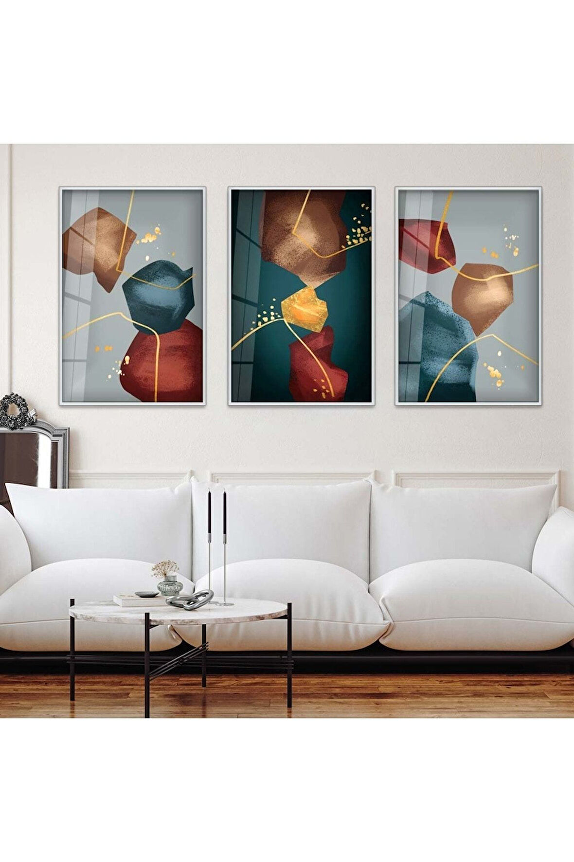 MİNİMALİST SOYUT DESEN 3'LÜ METAL ÇERÇEVELİ CAM TABLO SETİ