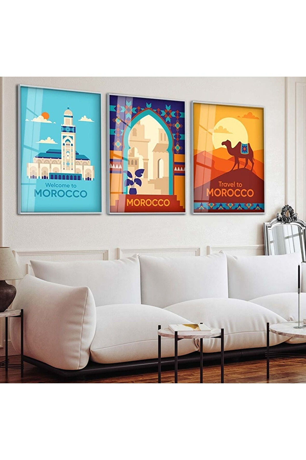 Gümüş Metal Çerçeveli Morocco Üçlü Kırılmaz Cam Tablo Seti