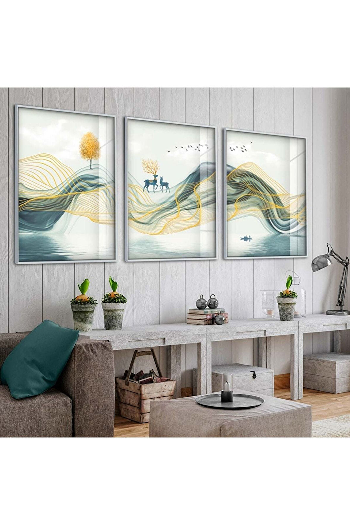 Gümüş Metal Çerçeveli Kolaj Çizim Dağ Üçlü Kırılmaz Cam Tablo Seti
