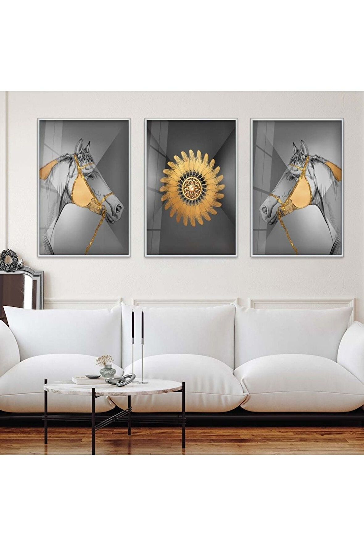 Siyah Metal Çerçeveli Minimalist Soyut Desen Üçlü Kırılmaz Cam Tablo Seti