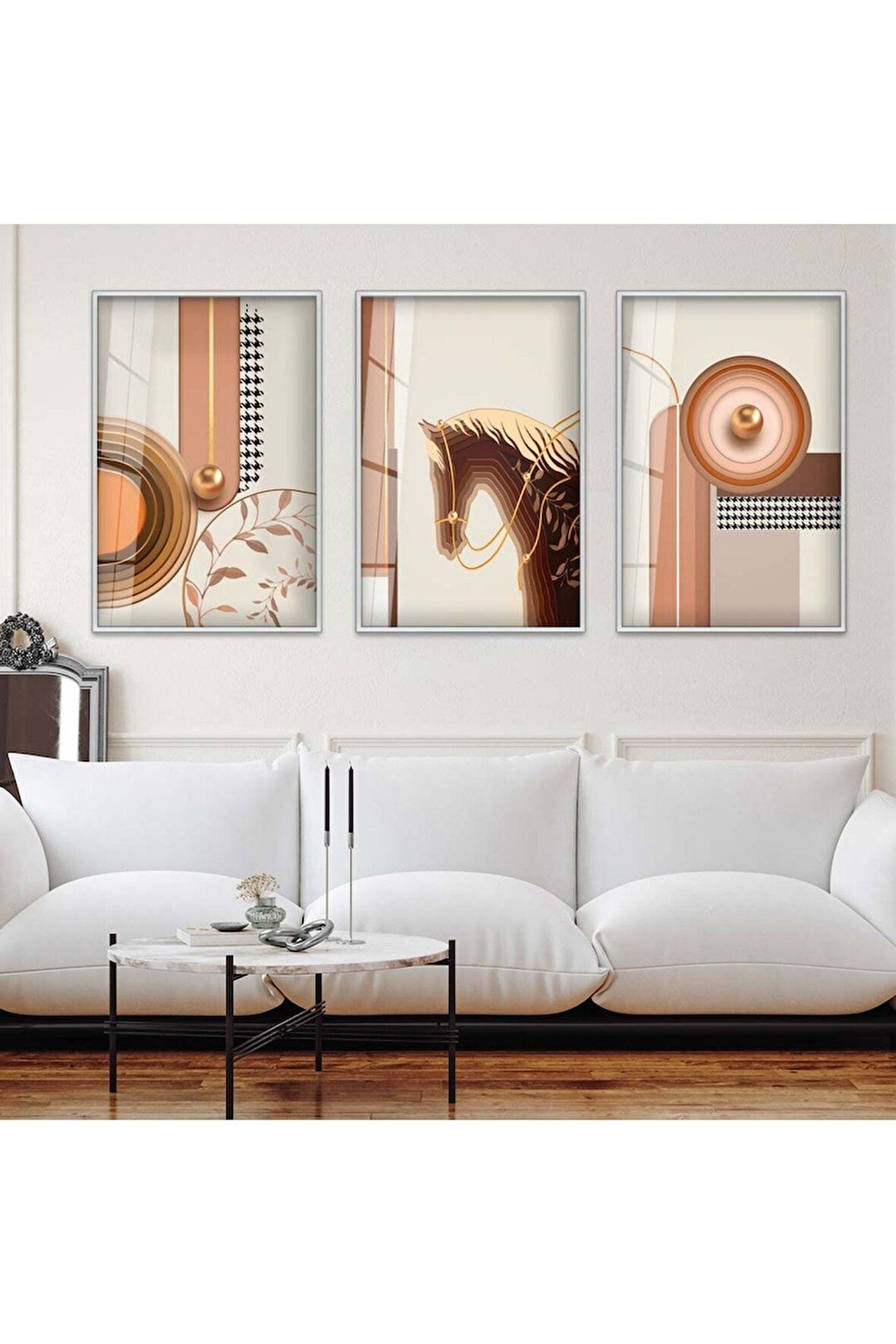 Gold Metal Çerçeveli Minimalist Soyut Desen Üçlü Kırılmaz Cam Tablo Seti