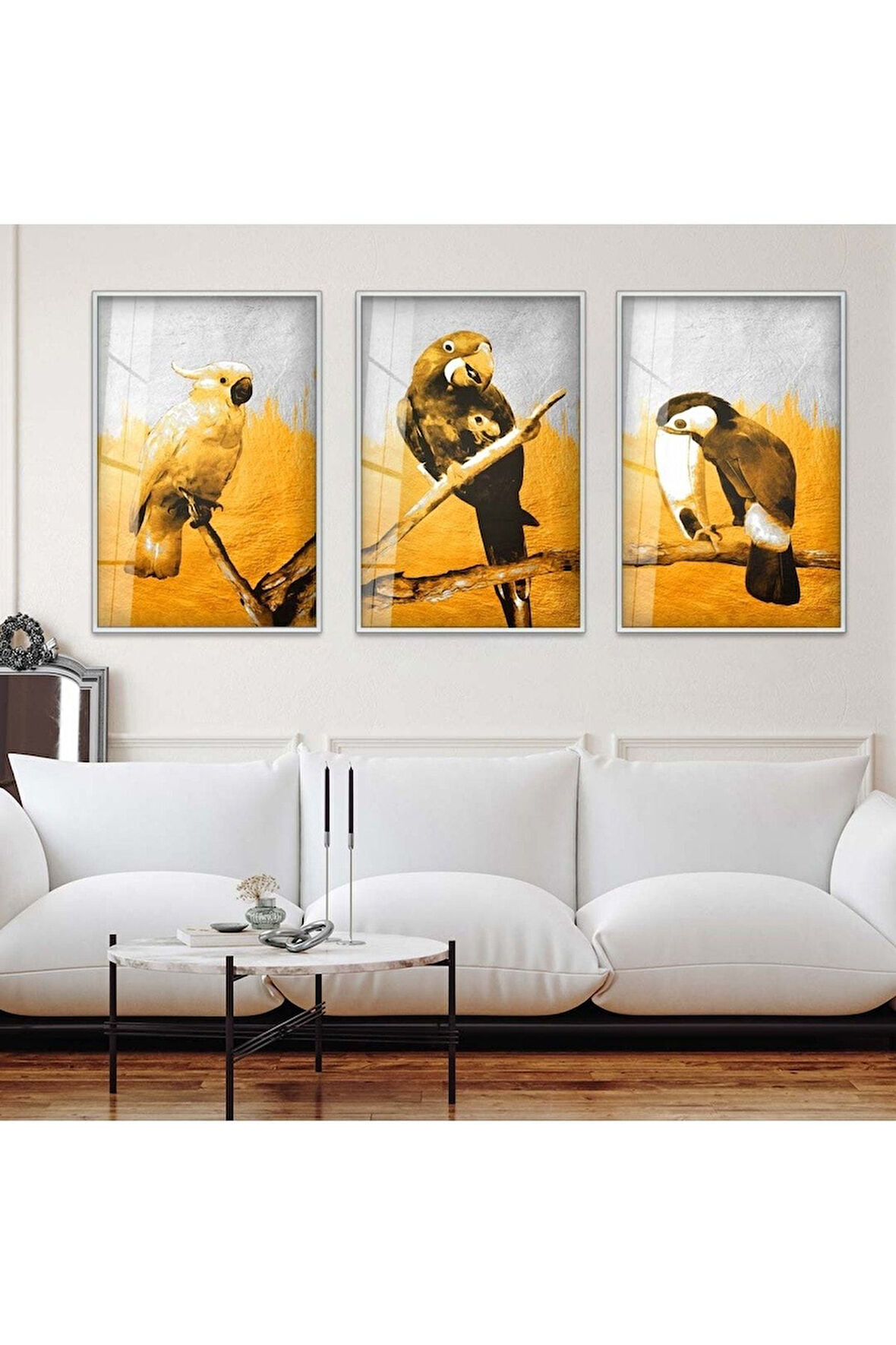 Gold Metal Çerçeveli Papağan Soyut Desen Üçlü Kırılmaz Cam Tablo Seti