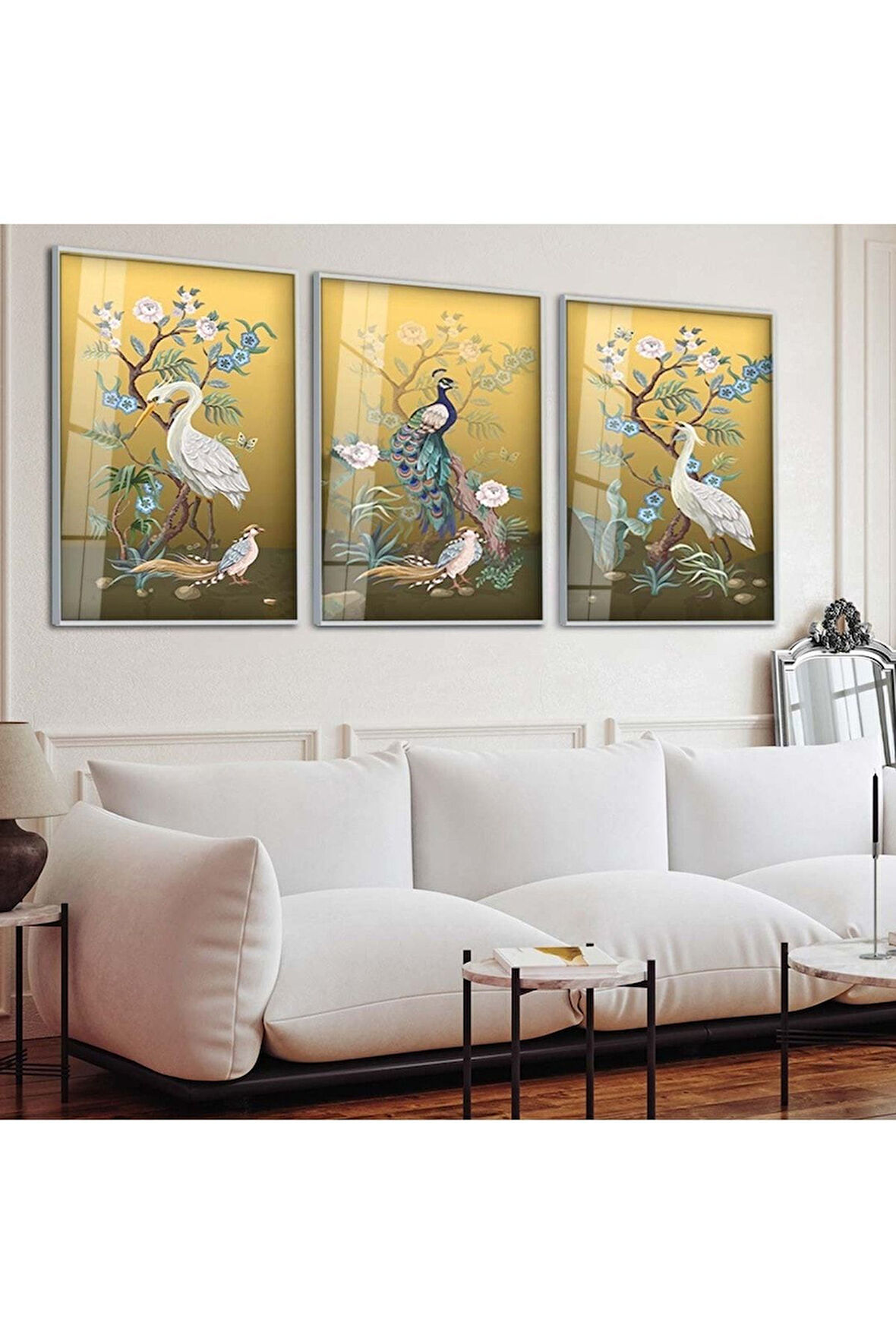 Gümüş Metal Çerçeveli Tavus Kuşu Soyut Desen Üçlü Kırılmaz Cam Tablo Seti