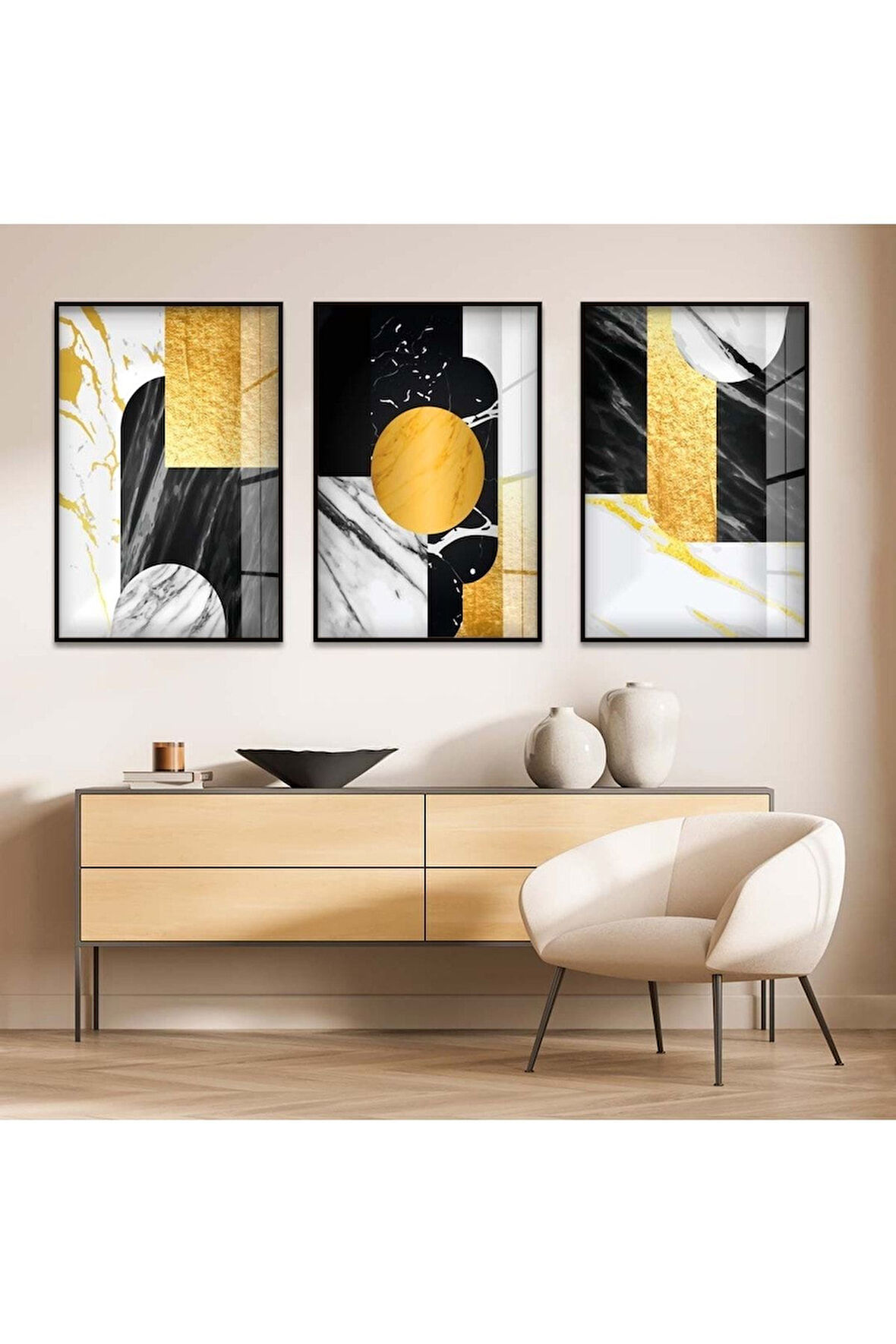 Gümüş Metal Çerçeveli Soyut Desen Şekiller Üçlü Kırılmaz Cam Tablo Seti