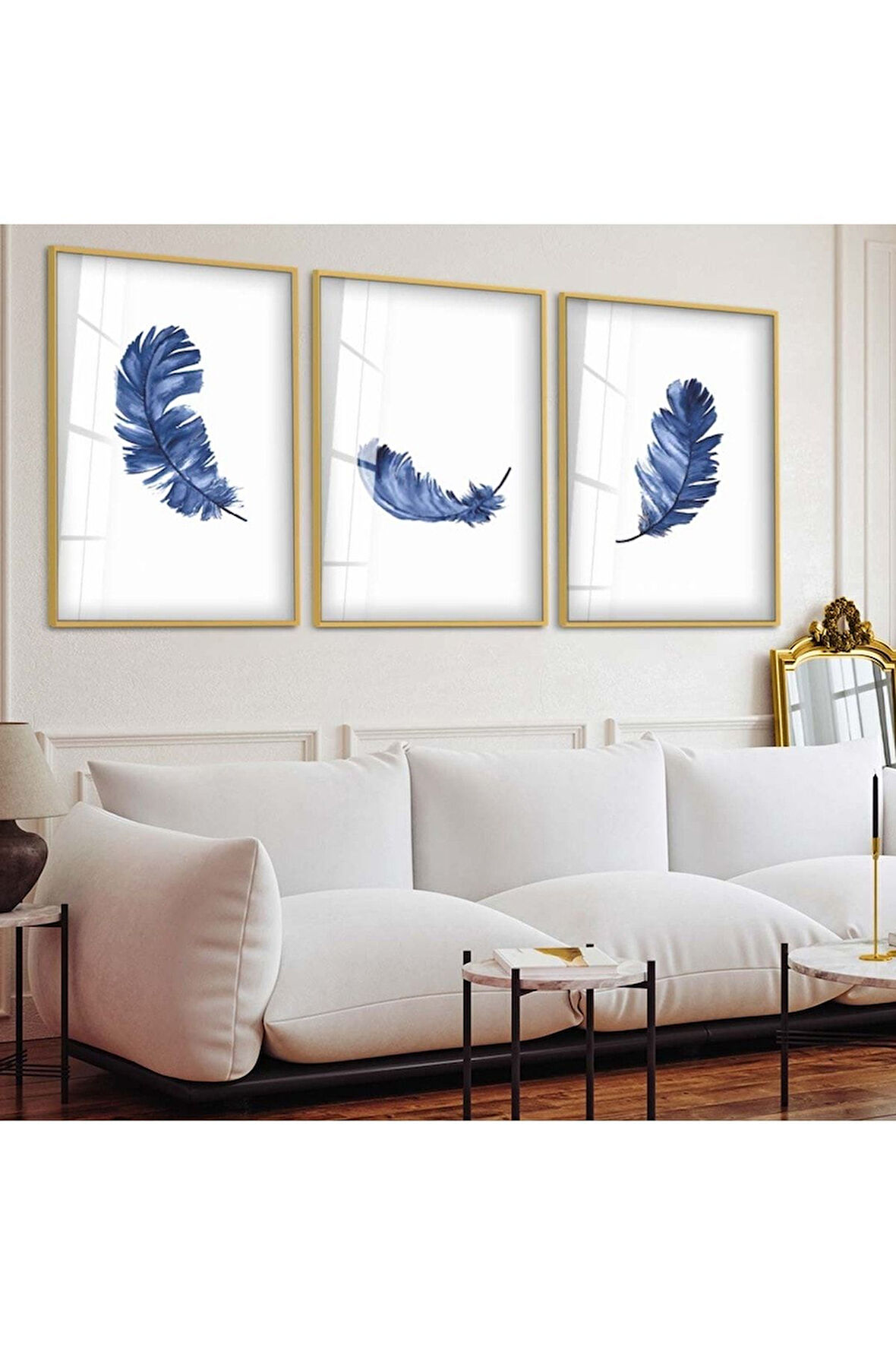 Gold Metal Çerçeveli Mavi Tüy Üçlü Kırılmaz Cam Tablo Seti