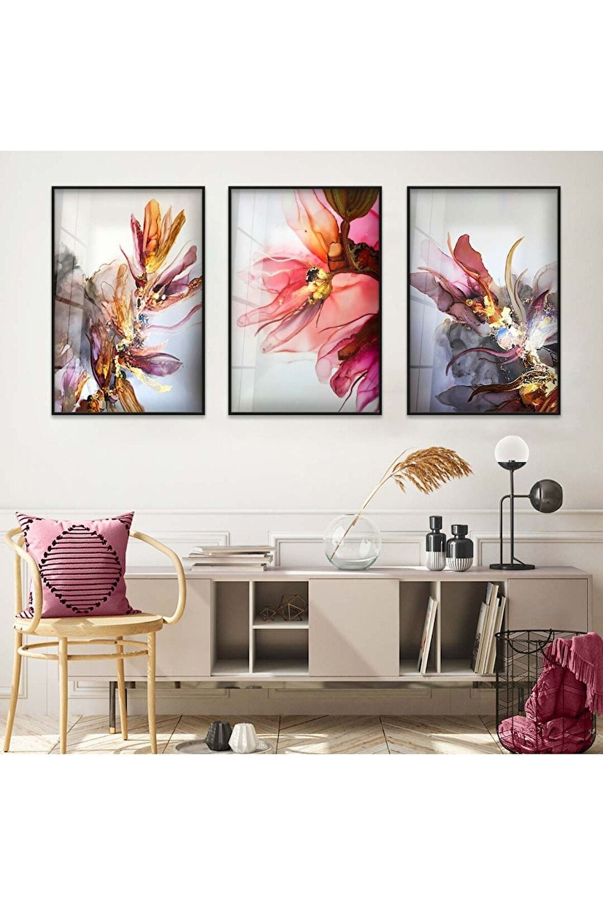 Gold Metal Çerçeveli Renkli Çiçek Üçlü Kırılmaz Cam Tablo Seti