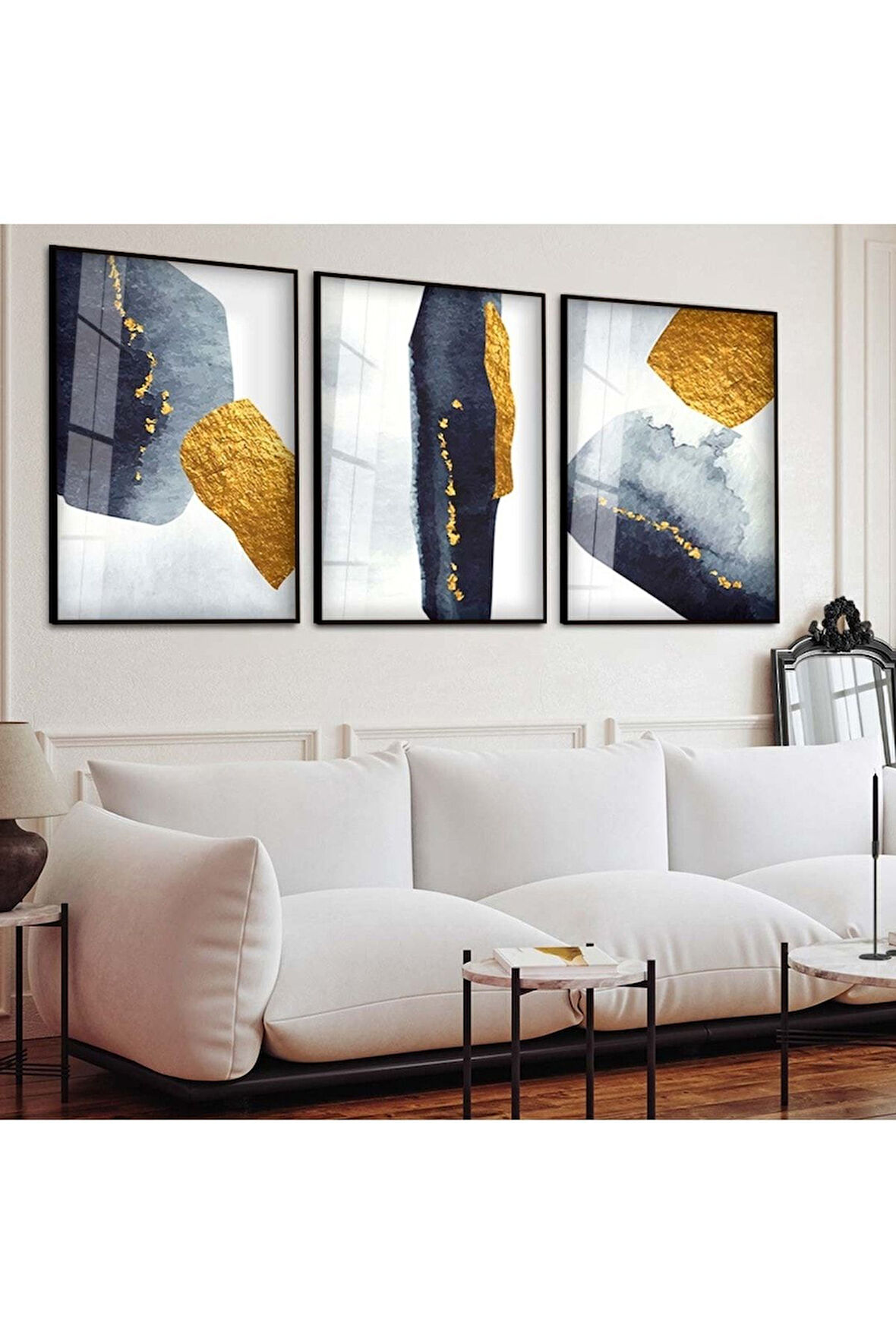 Siyah Metal Çerçeveli Soyut Desen Üçlü Kırılmaz Cam Tablo Seti