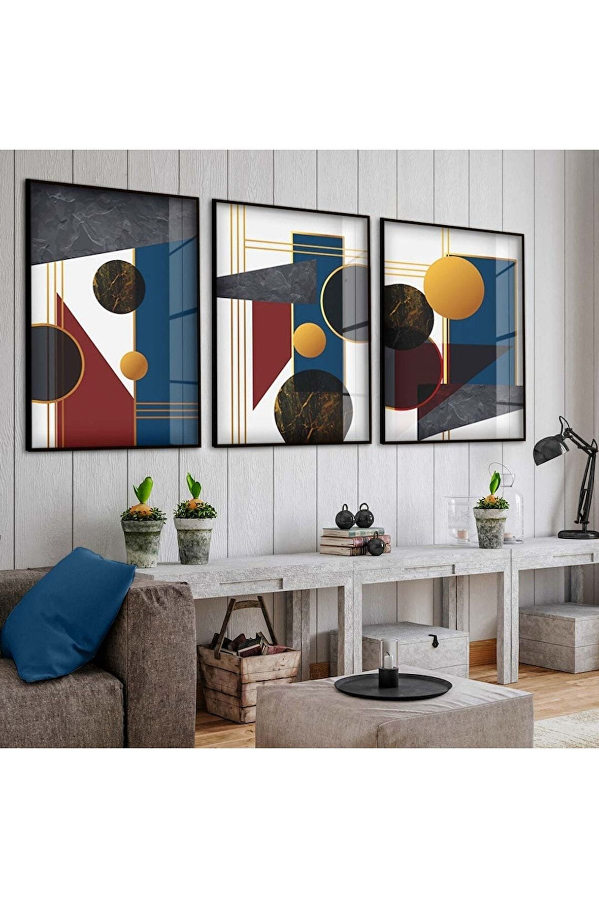 Siyah Metal Çerçeveli Soyut Desen Üçlü Kırılmaz Cam Tablo Seti