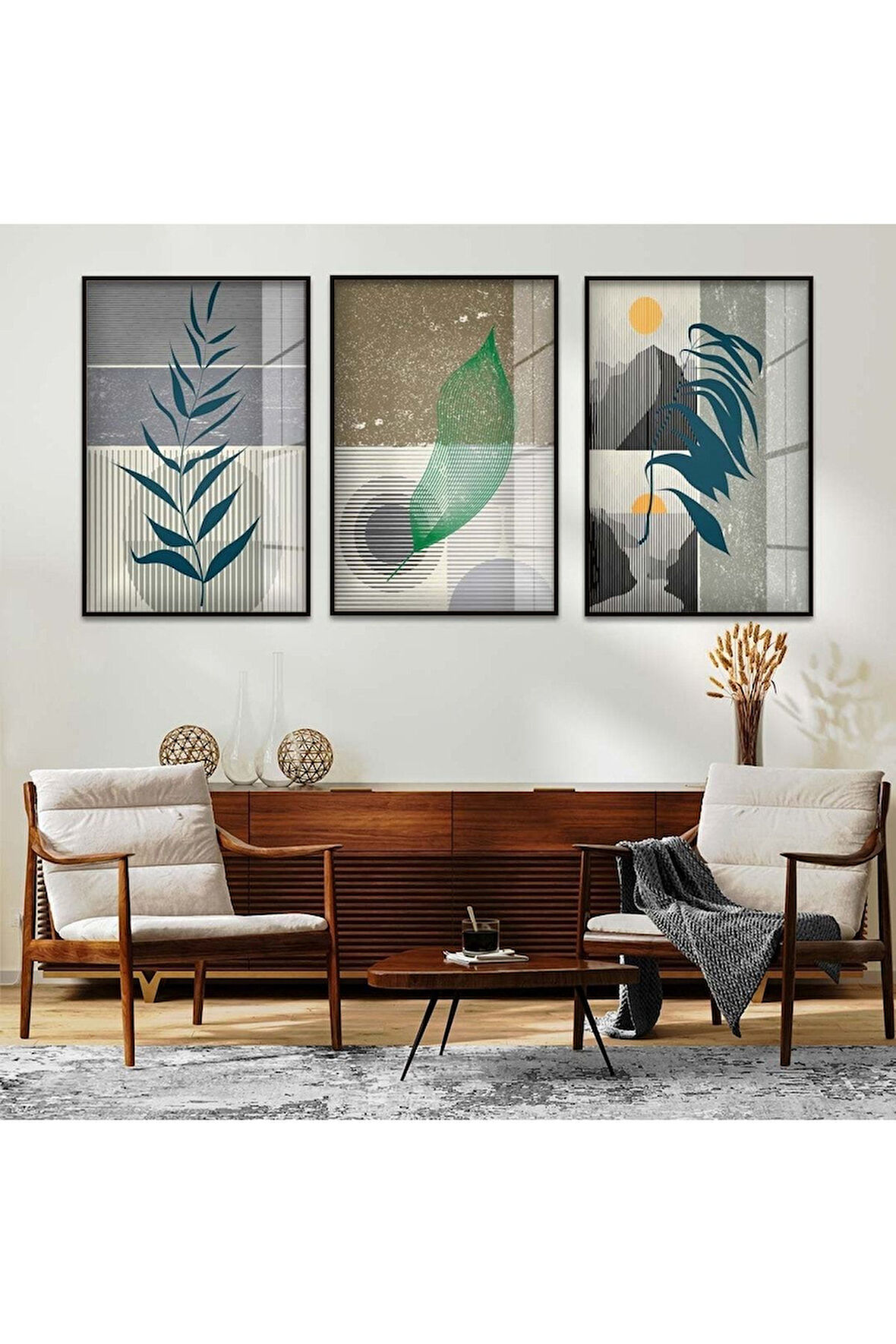 MİNİMALİST SOYUT DESEN 3'LÜ METAL ÇERÇEVELİ CAM TABLO SETİ