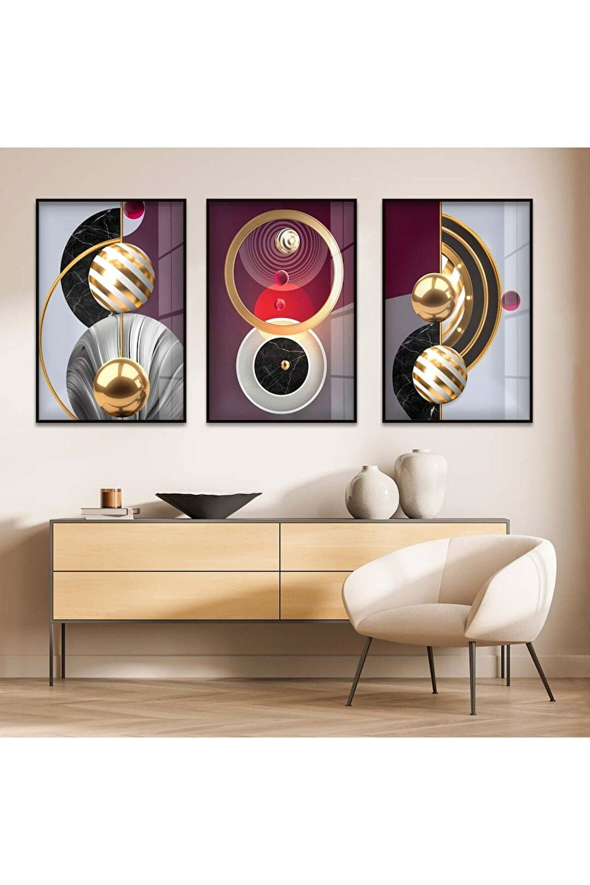 Gümüş Metal Çerçeveli Soyut Desen Üçlü Kırılmaz Cam Tablo Seti