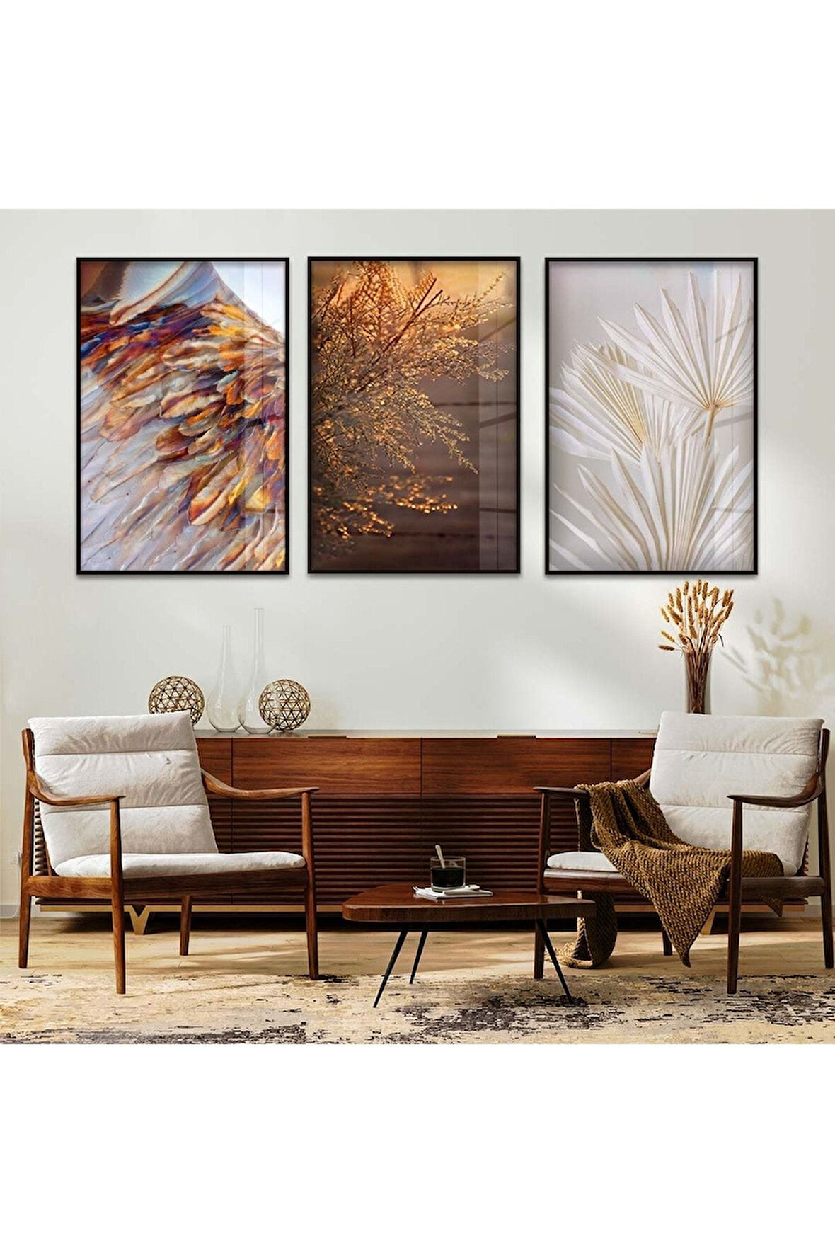 Gümüş Metal Çerçeveli Çiçek Üçlü Kırılmaz Cam Tablo Seti