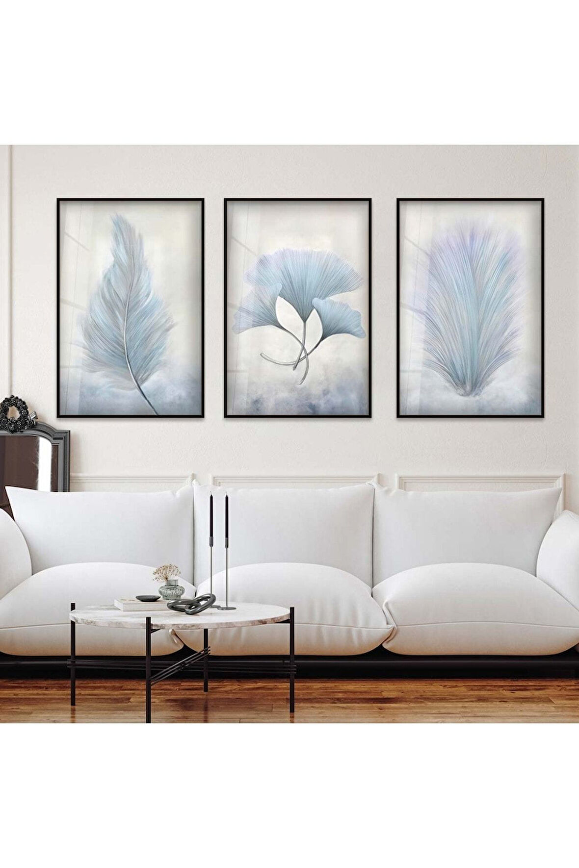 Gümüş Metal Çerçeveli Beyaz Kar Çiçeği Üçlü Kırılmaz Cam Tablo Seti