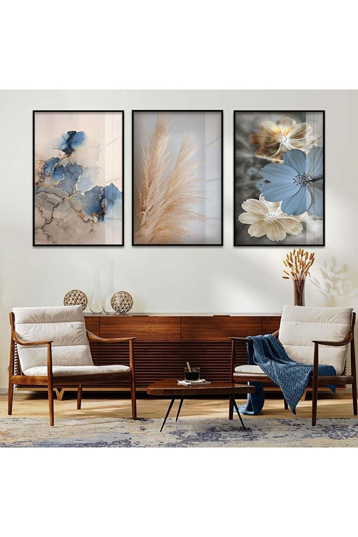 Gümüş Metal Çerçeveli Renkli Çiçek Üçlü Kırılmaz Cam Tablo Seti