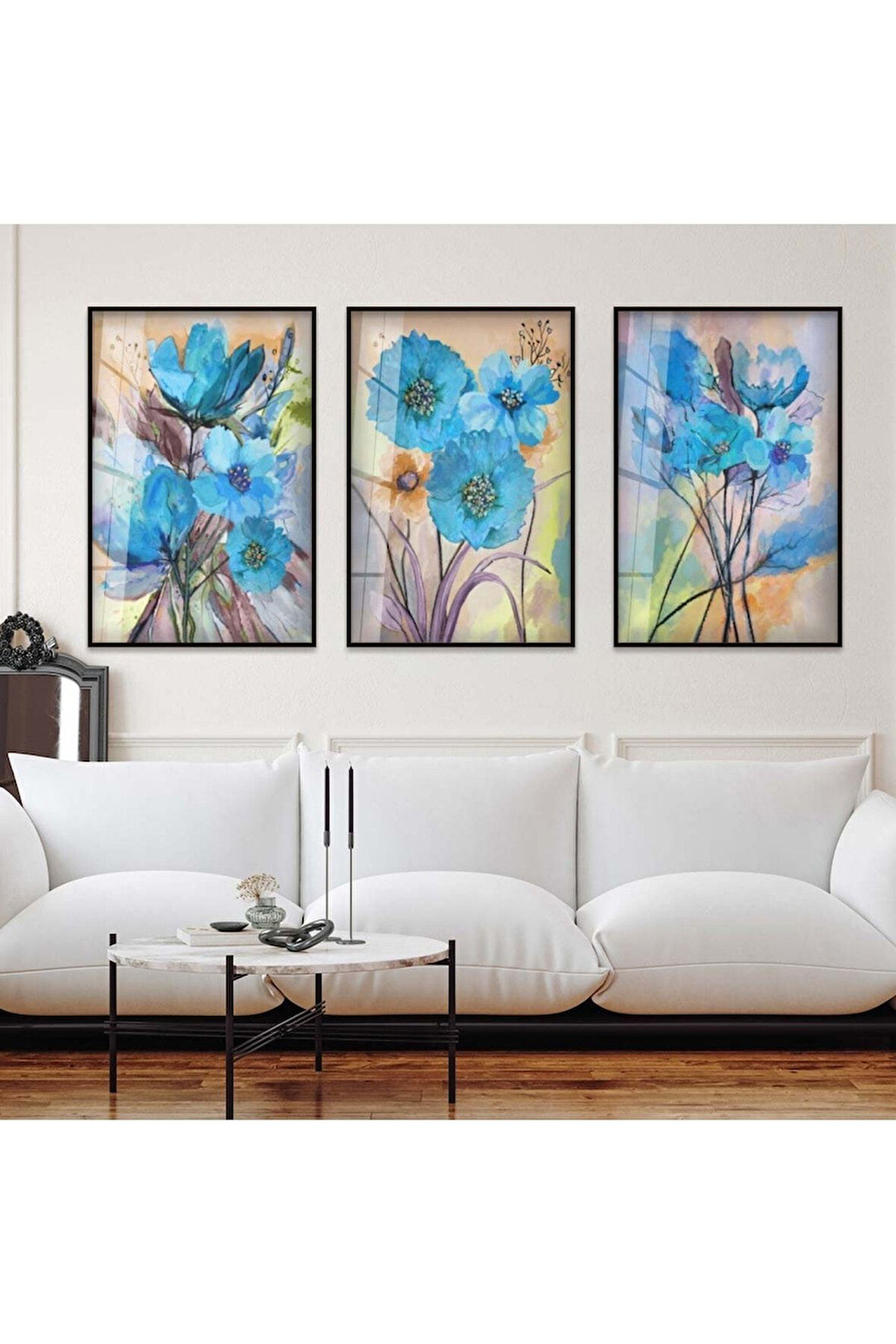 Gümüş Metal Çerçeveli Kolaj Çizim Çiçek Üçlü Kırılmaz Cam Tablo Seti