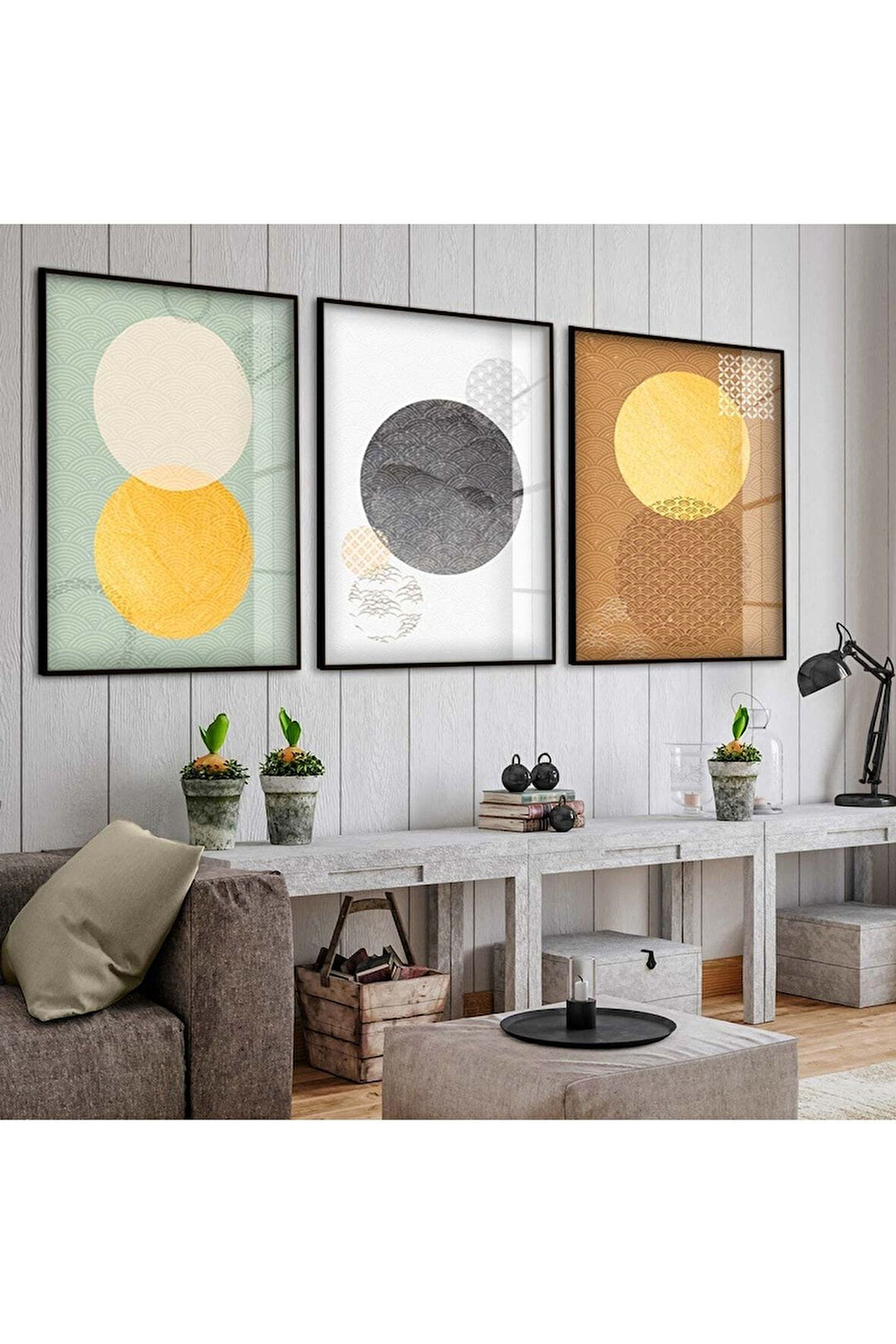 Siyah Metal Çerçeveli Kolaj Çizim Çiçek Üçlü Kırılmaz Cam Tablo Seti