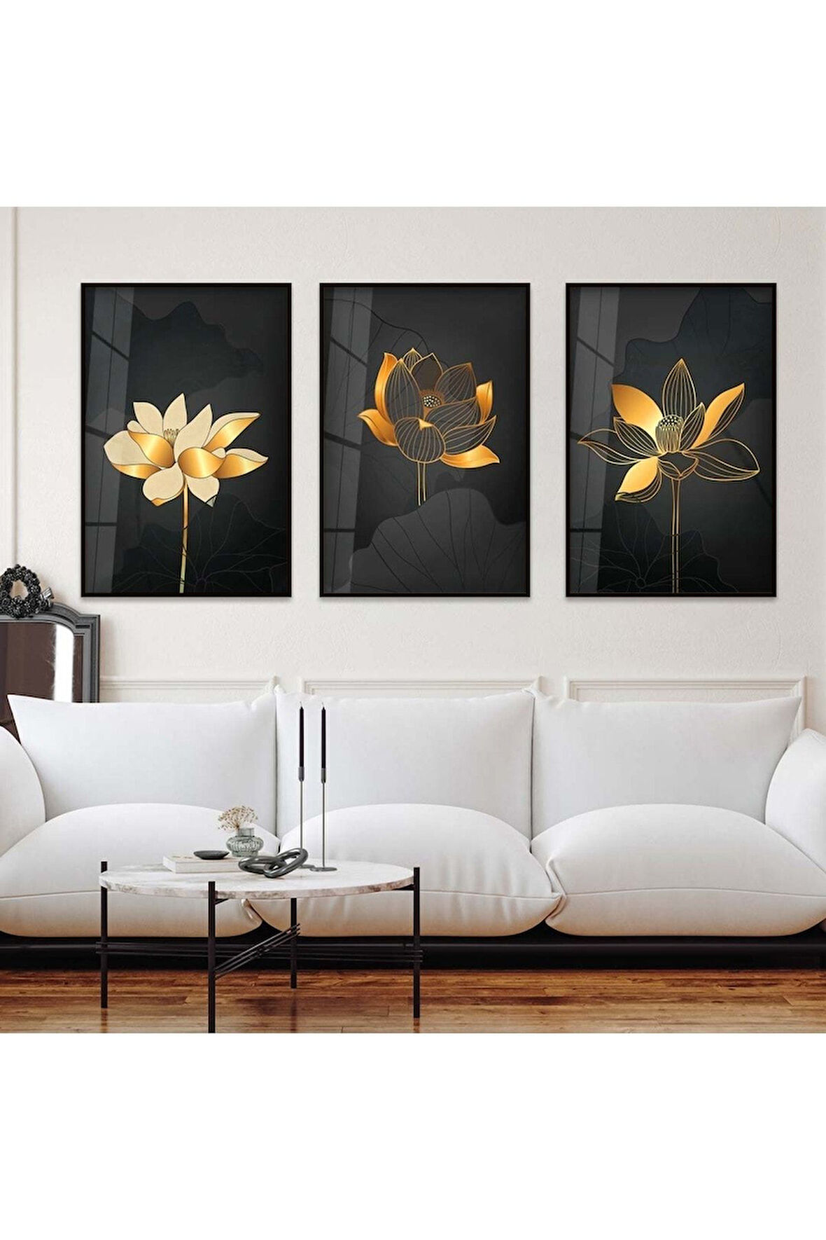Gold Metal Çerçeveli Soyut Desen Çiçek Üçlü Kırılmaz Cam Tablo Seti