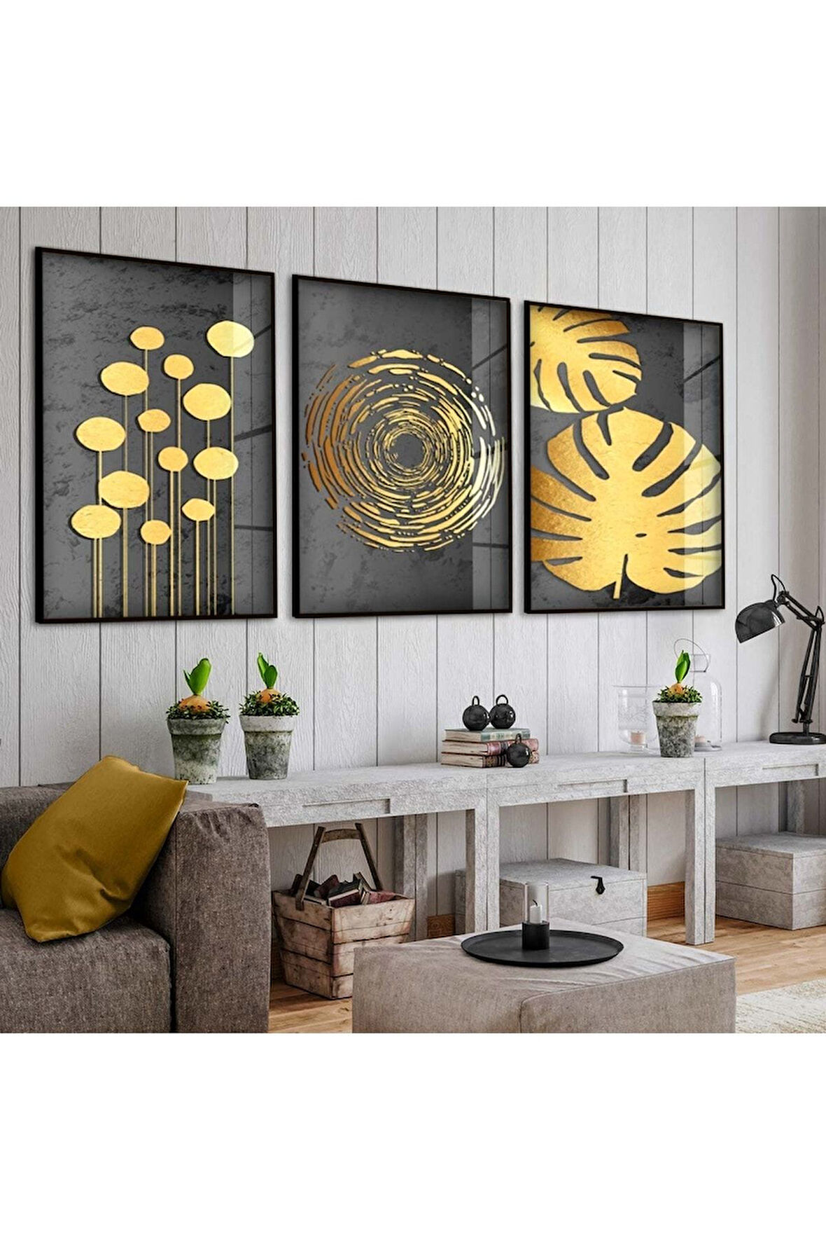 Siyah Metal Çerçeveli Soyut Desen Üçlü Kırılmaz Cam Tablo Seti