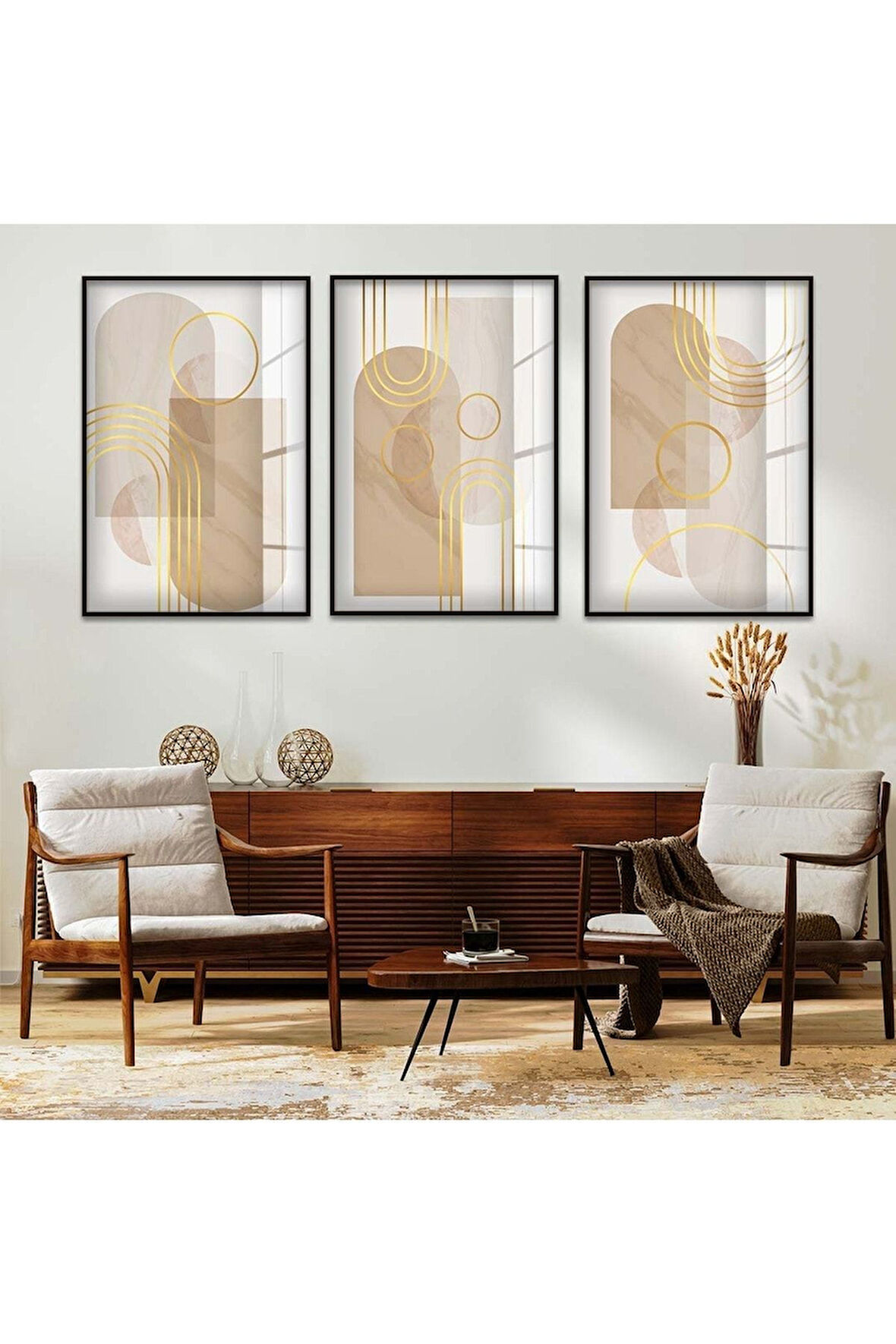 Gümüş Metal Çerçeveli Soyut Desen Şekiller Üçlü Kırılmaz Cam Tablo Seti