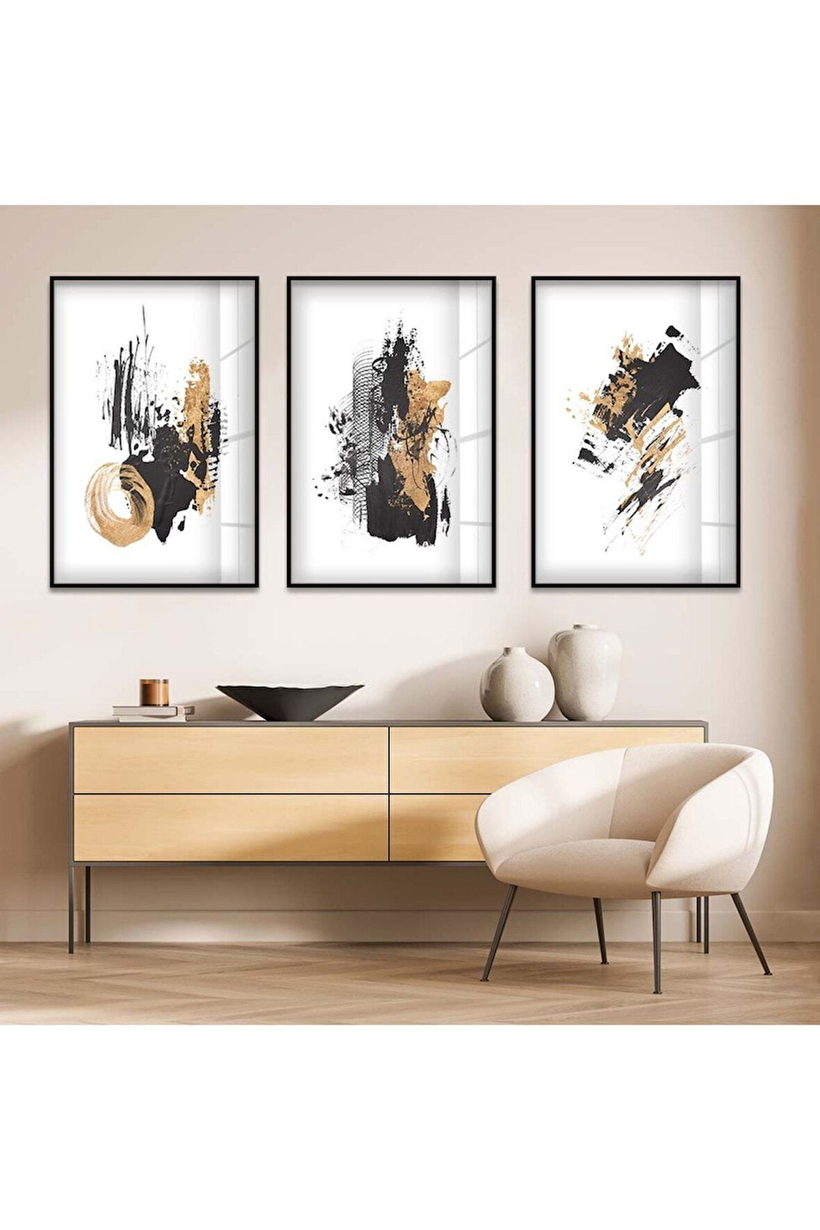 Gold Metal Çerçeveli Soyut Desen Şekiller Üçlü Kırılmaz Cam Tablo Seti