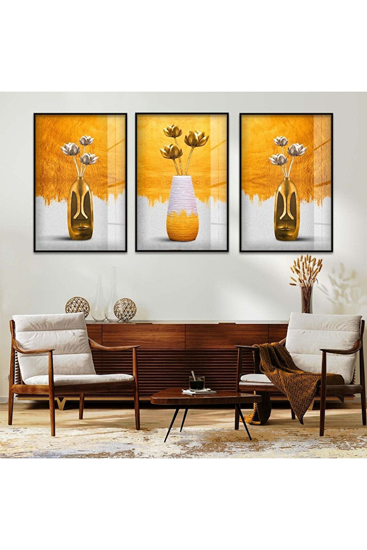 Gold Metal Çerçeveli Soyut Desen Üçlü Kırılmaz Cam Tablo Seti