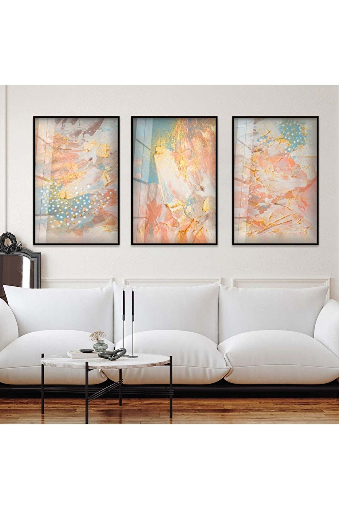 Gümüş Metal Çerçeveli Soyut Desen Üçlü Kırılmaz Cam Tablo Seti