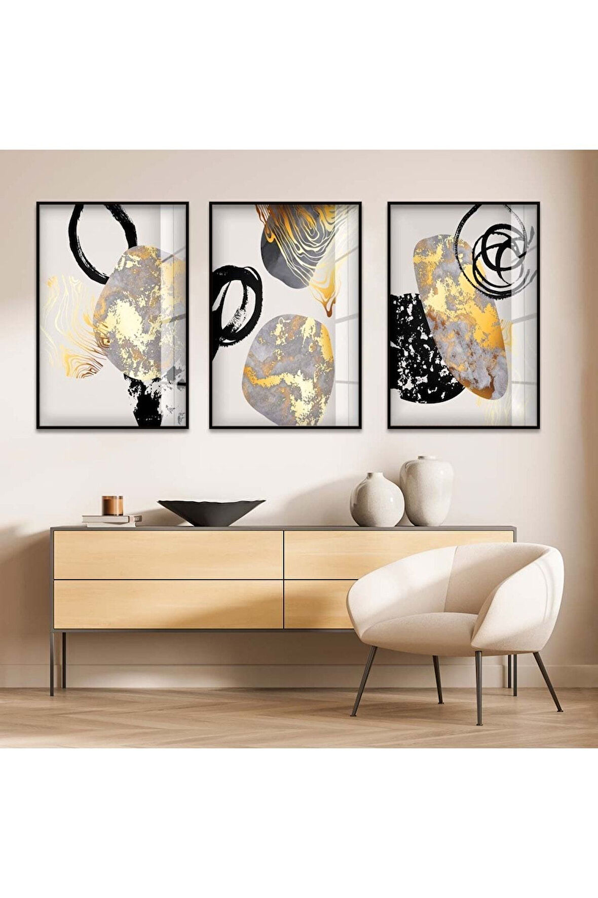 Gold Metal Çerçeveli Soyut Desen Üçlü Kırılmaz Cam Tablo Seti
