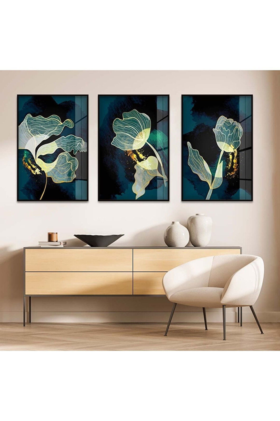 Gümüş Metal Çerçeveli Bitki Soyut Desen Üçlü Kırılmaz Cam Tablo Seti