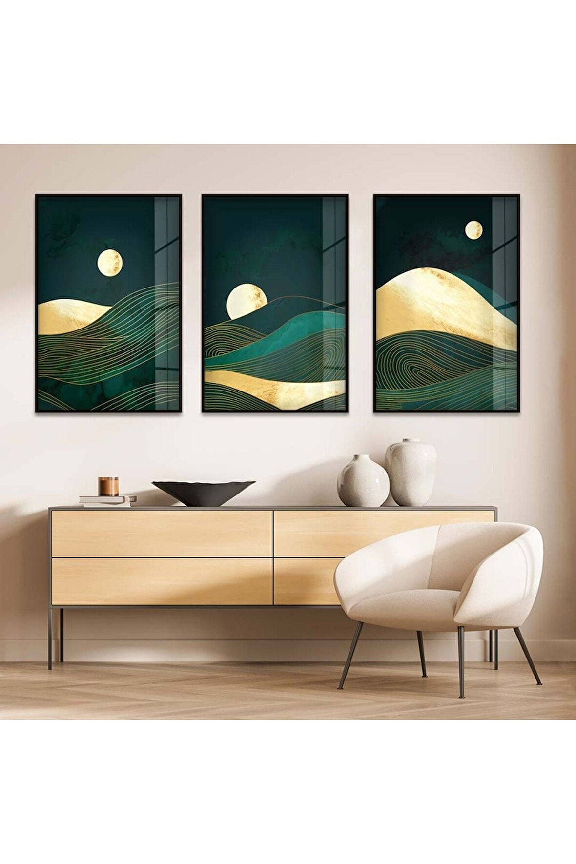 Gold Metal Çerçeveli Dağ Manzara Soyut Desen Üçlü Kırılmaz Cam Tablo Seti