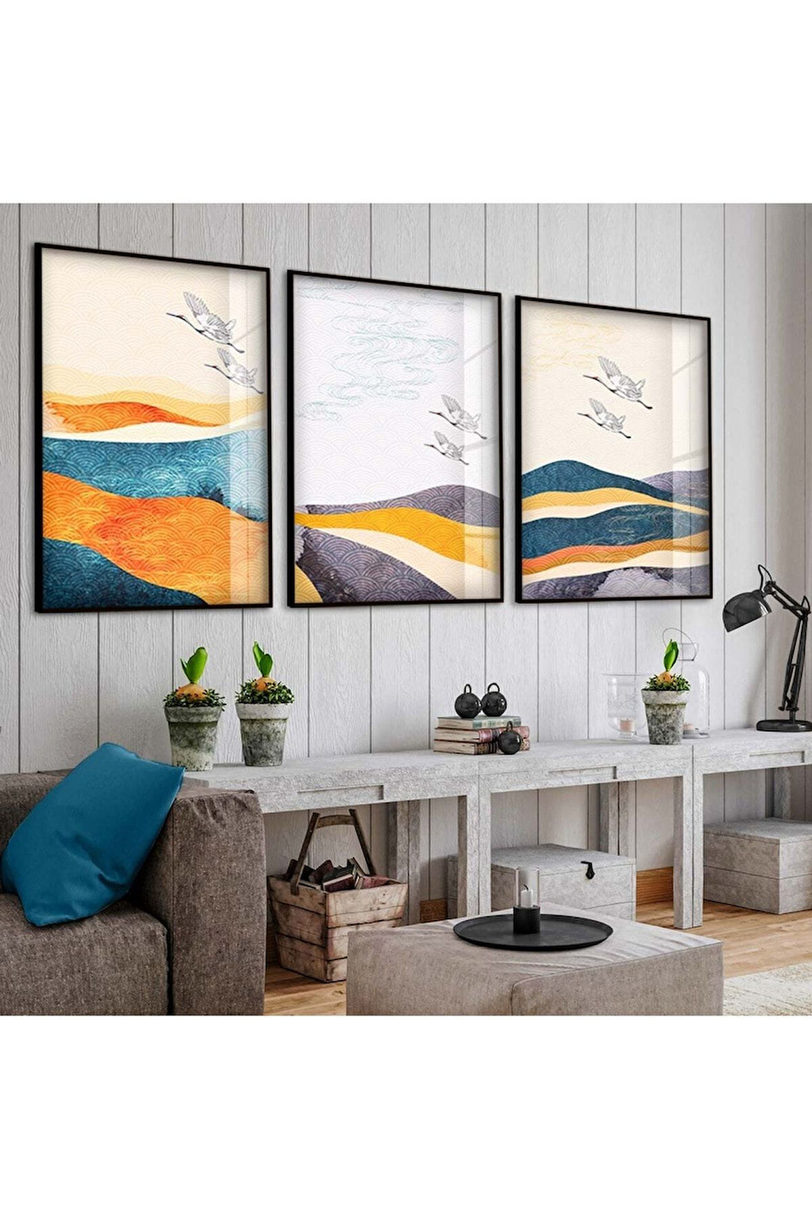 Siyah Metal Çerçeveli Göçebe Kuşlar Soyut Desen Üçlü Kırılmaz Cam Tablo Seti