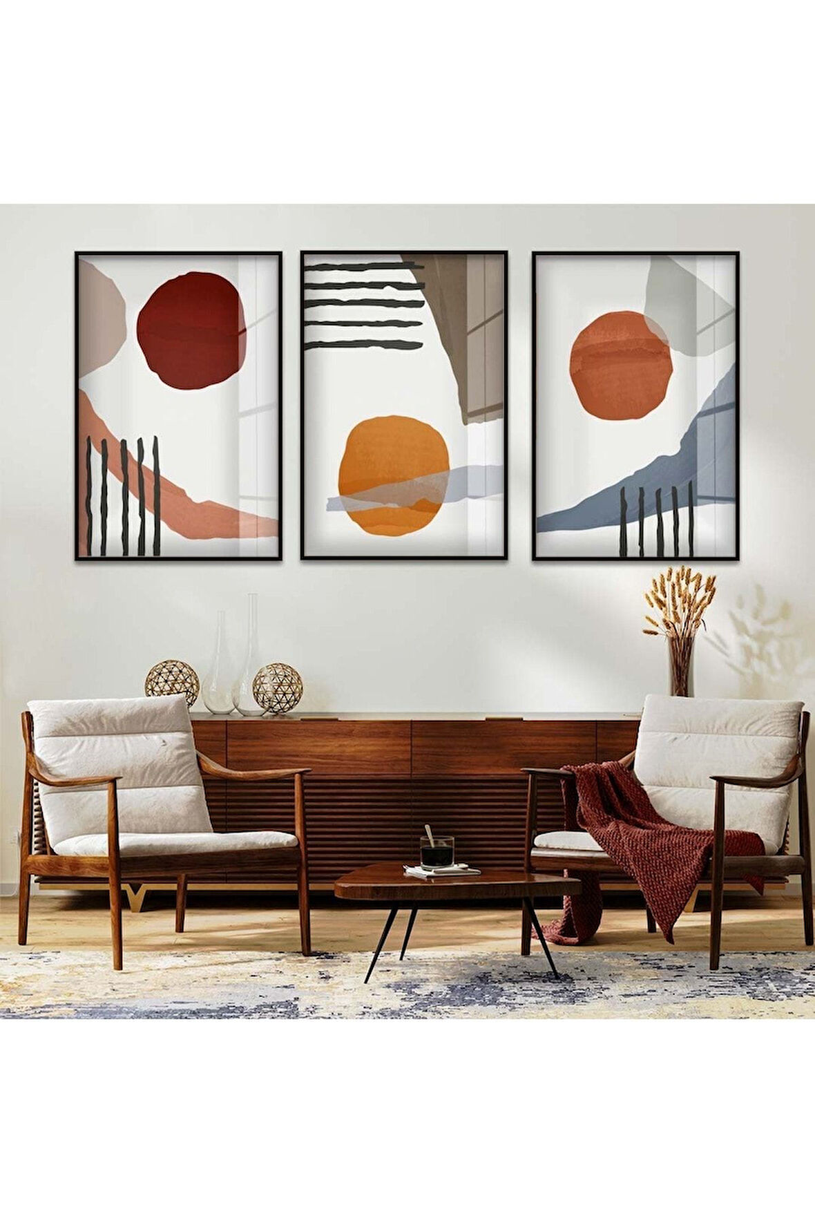 Gold Metal Çerçeveli Soyut Desen Üçlü Kırılmaz Cam Tablo Seti