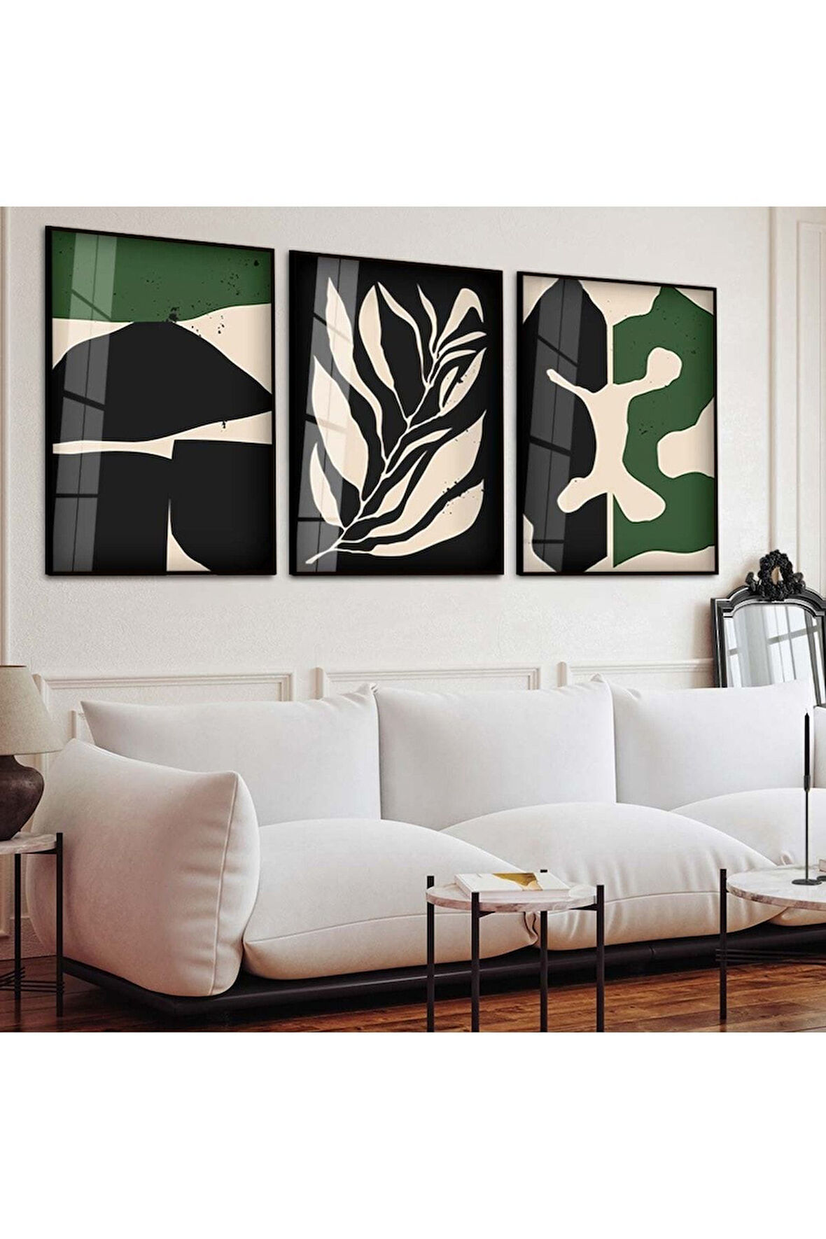 Siyah Metal Çerçeveli Soyut Desen Üçlü Kırılmaz Cam Tablo Seti