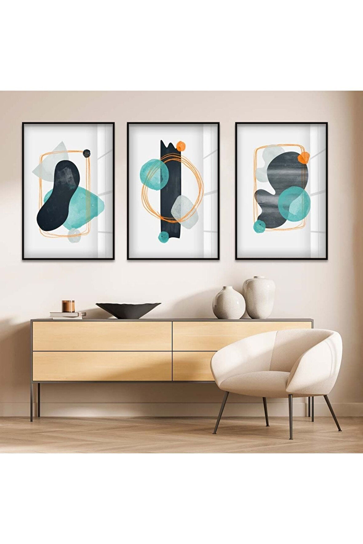 Gümüş Metal Çerçeveli Soyut Desen Üçlü Kırılmaz Cam Tablo Seti