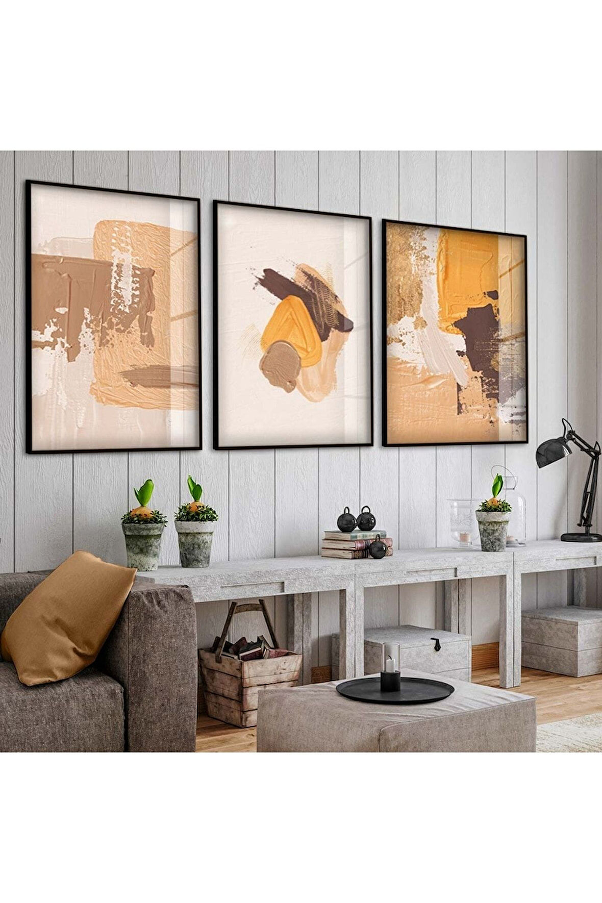 Siyah Metal Çerçeveli Soyut Desen Üçlü Kırılmaz Cam Tablo Seti