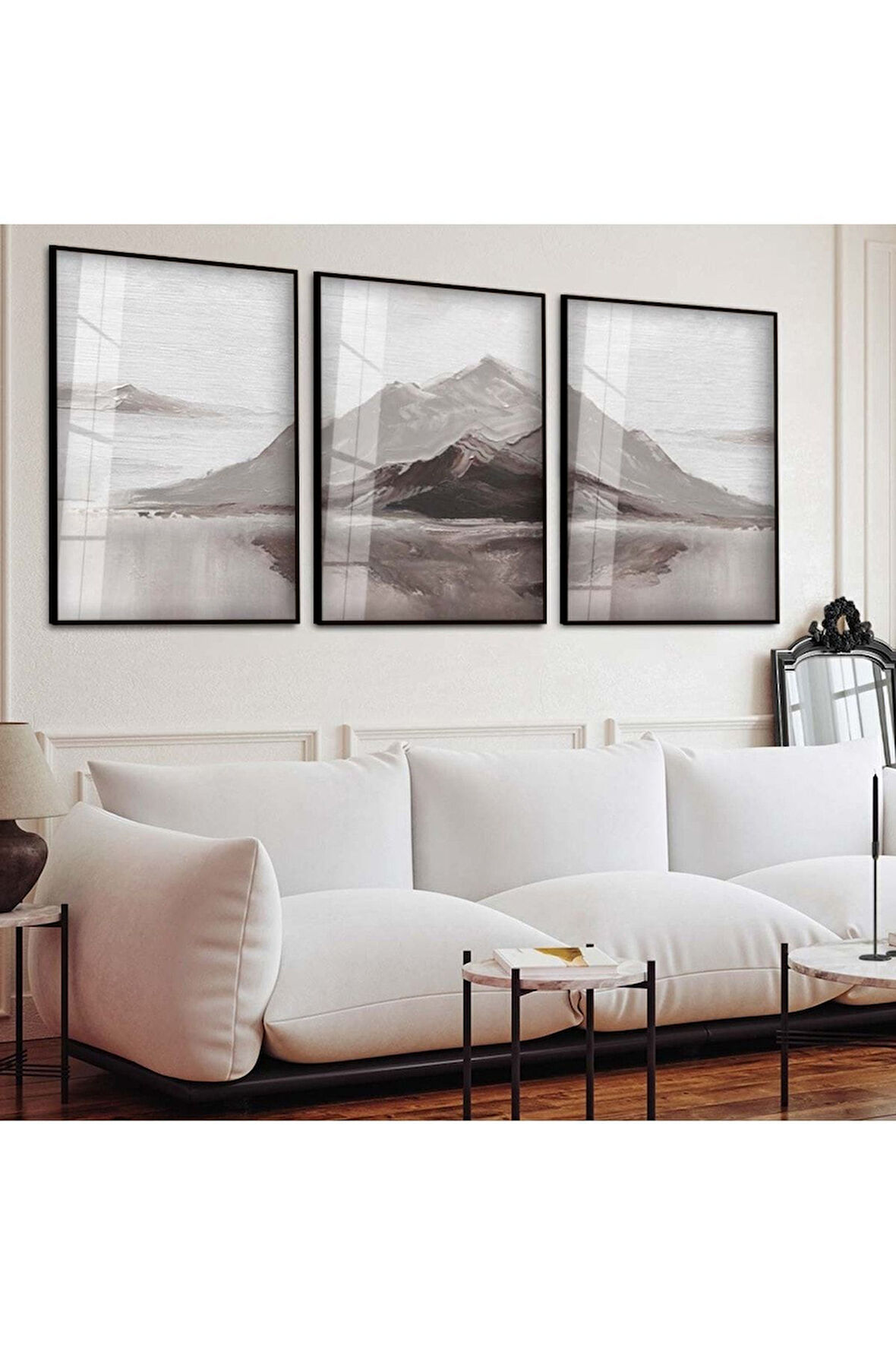 Siyah Metal Çerçeveli Kolaj Çizim Dağ Üçlü Kırılmaz Cam Tablo Seti