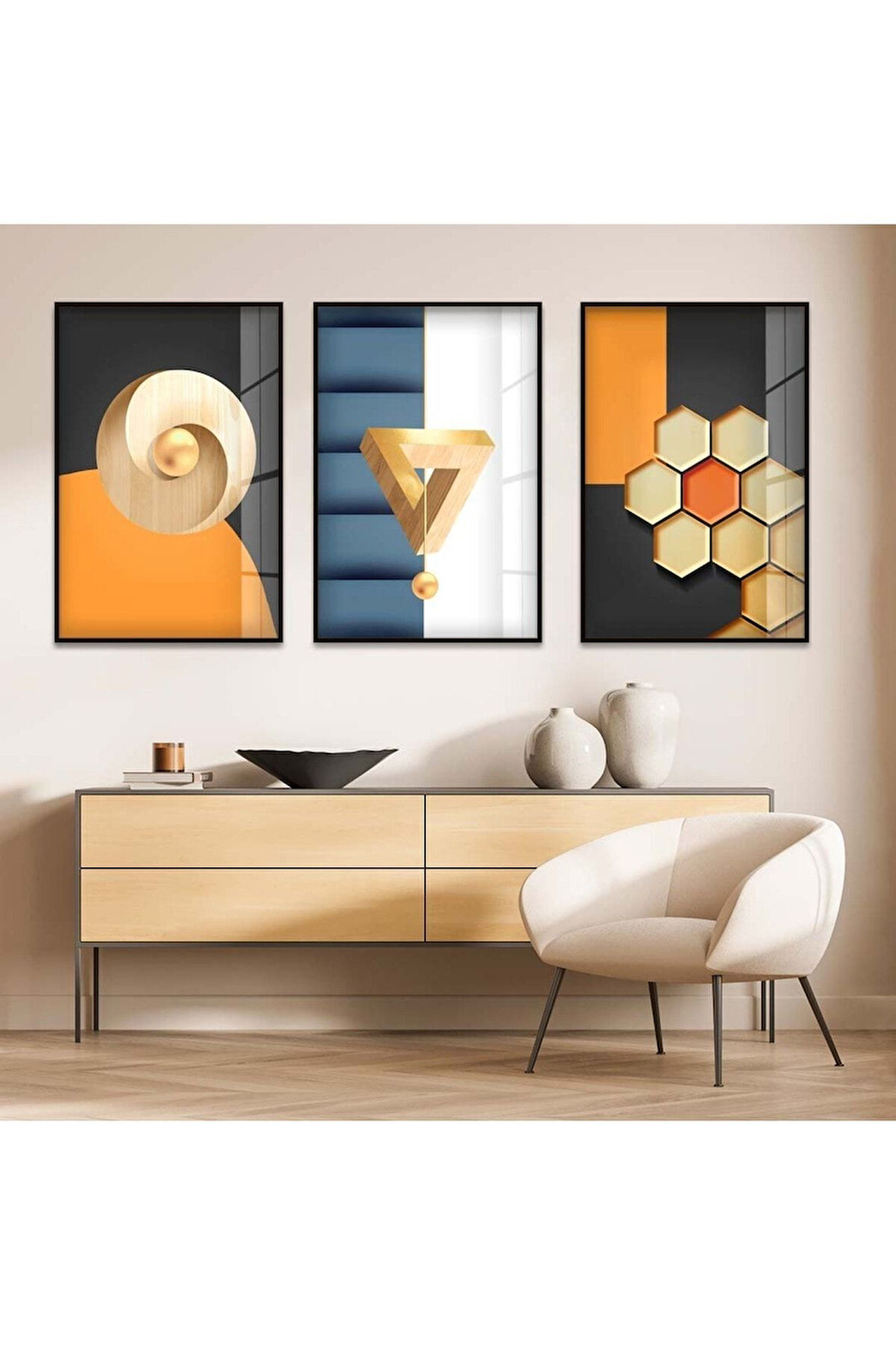 Gümüş Metal Çerçeveli Soyut Desen Üçlü Kırılmaz Cam Tablo Seti