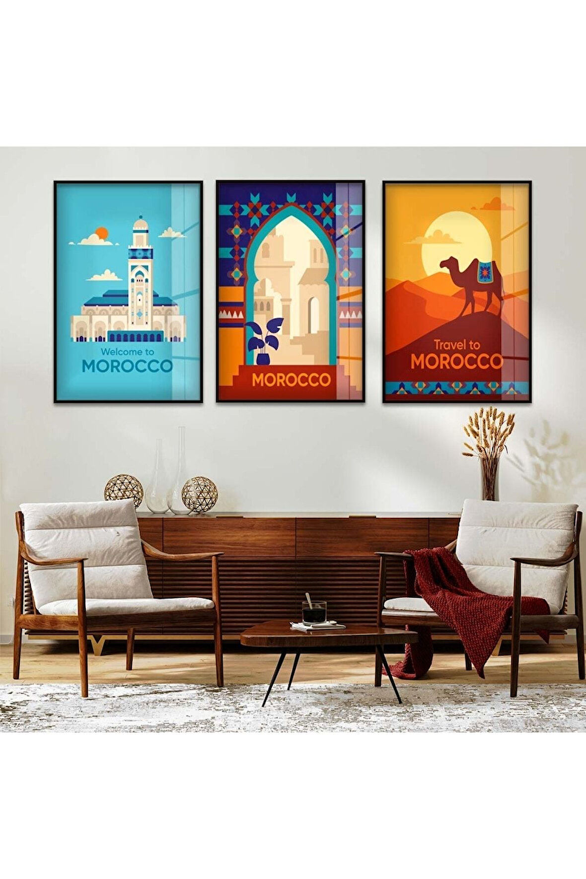 Gümüş Metal Çerçeveli Morocco Üçlü Kırılmaz Cam Tablo Seti