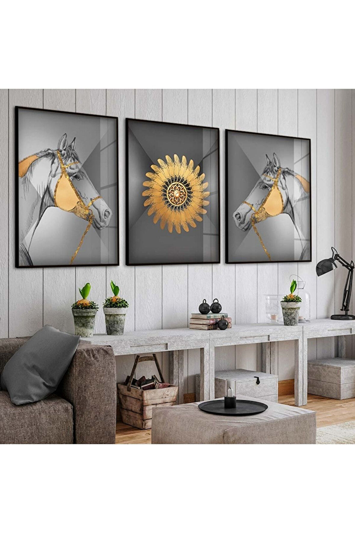 Siyah Metal Çerçeveli Minimalist Soyut Desen Üçlü Kırılmaz Cam Tablo Seti